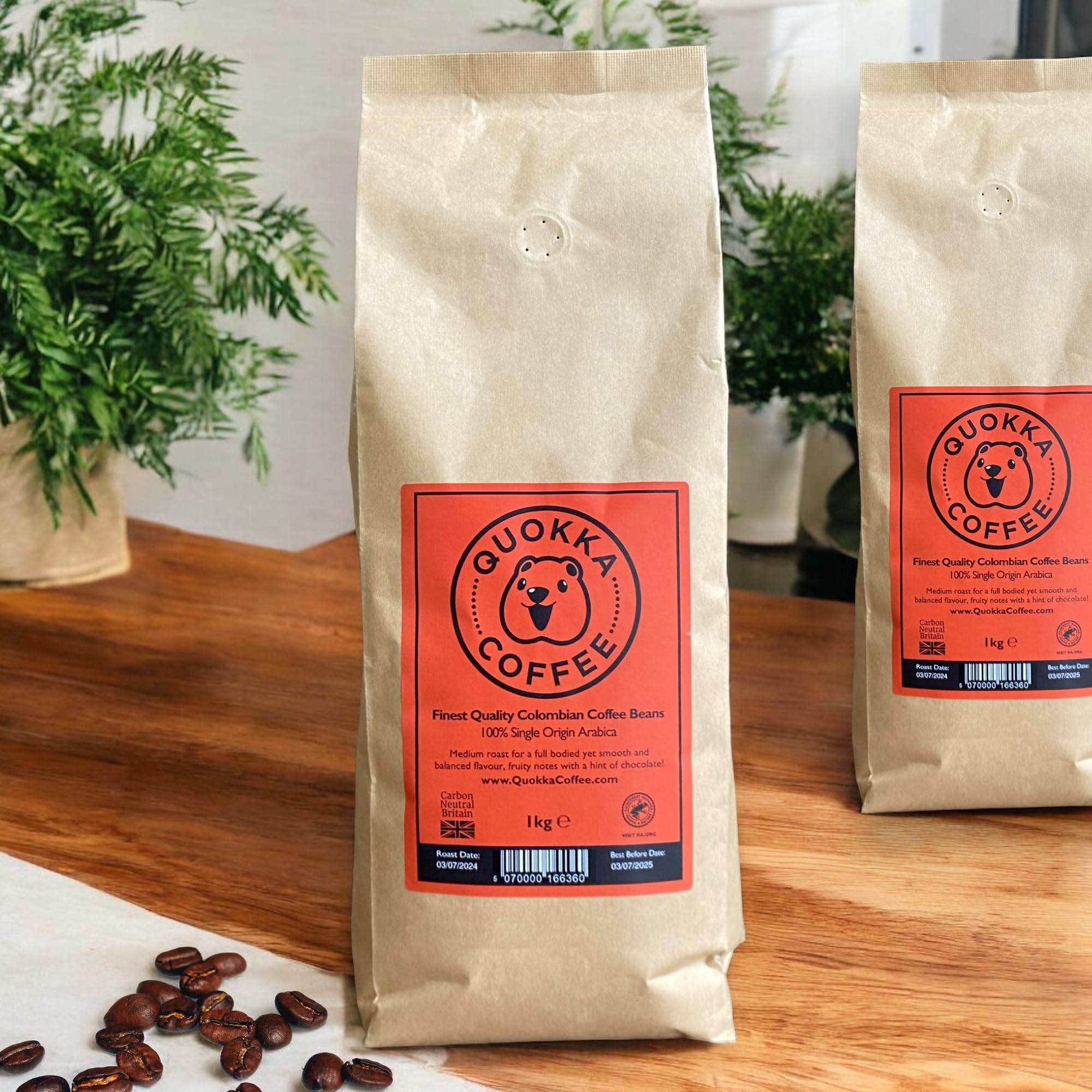 Quokka Coffee Café en grano entero 300 g/1 kg, 100% arábica colombiana, granos de café especiales de tostado medio, certificado Rainforest Alliance, carbono neutro, origen único (6 x 1 kg, colombiano)