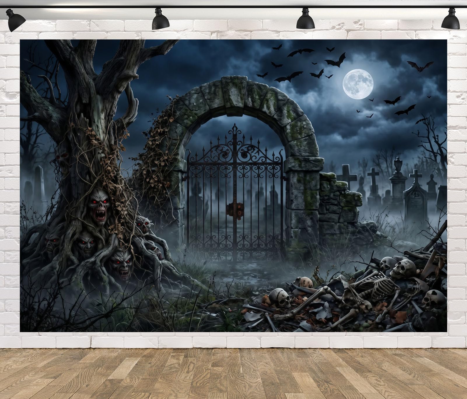 BELECO 3.6x2.5m Tessuto Sfondo Halloween Arco Pietra Spaventoso Cimitero | Albero Demonio Spaventoso Scheletro Teschio Lapide Luna Piena Pipistrello Cimitero Nebbioso Sfondo Telo Di Sfondo
