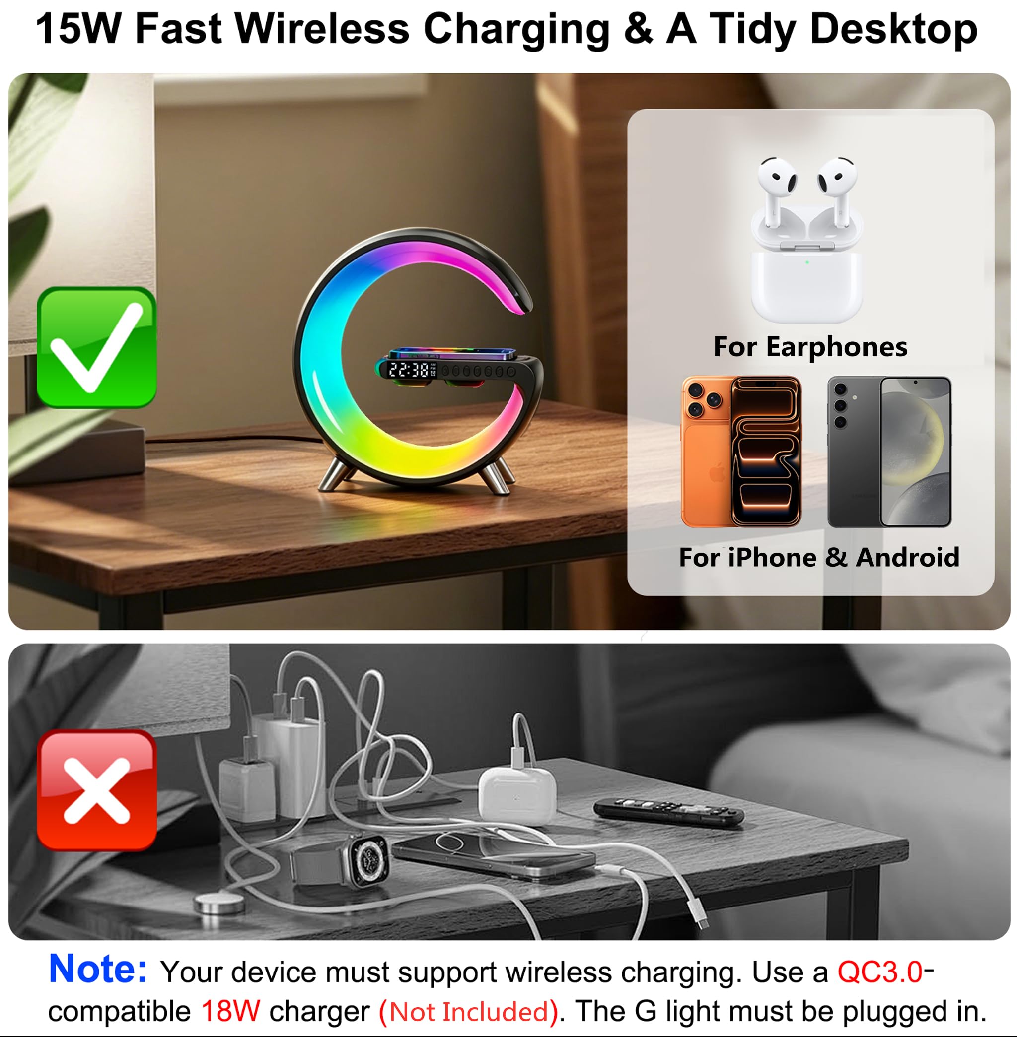 Lampada da tavolo a LED intelligente, caricabatterie wireless 4 in 1, luce notturna, sveglia, altoparlante Bluetooth con controllo app, lampada da comodino con stazione di ricarica per camera da letto