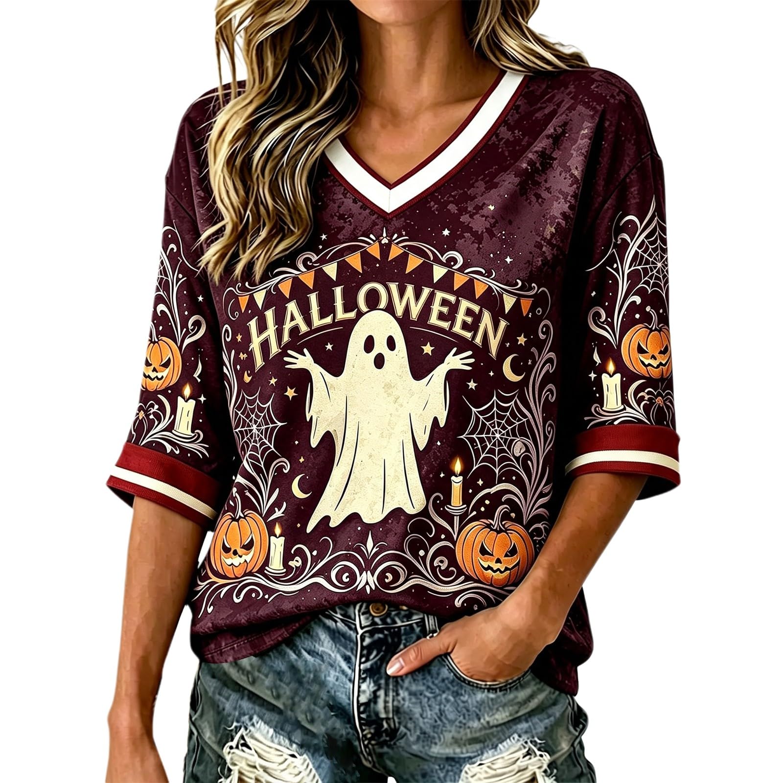 Salem Broom Co Halloween Shirts Women 3/4 Sleeve Vintage Witch Tops Funny Halloween Costumes Casual V Neck Witch Tee Shirts Novelty Fashion Festival Party Clothes (Z01-Purple #1, XL)