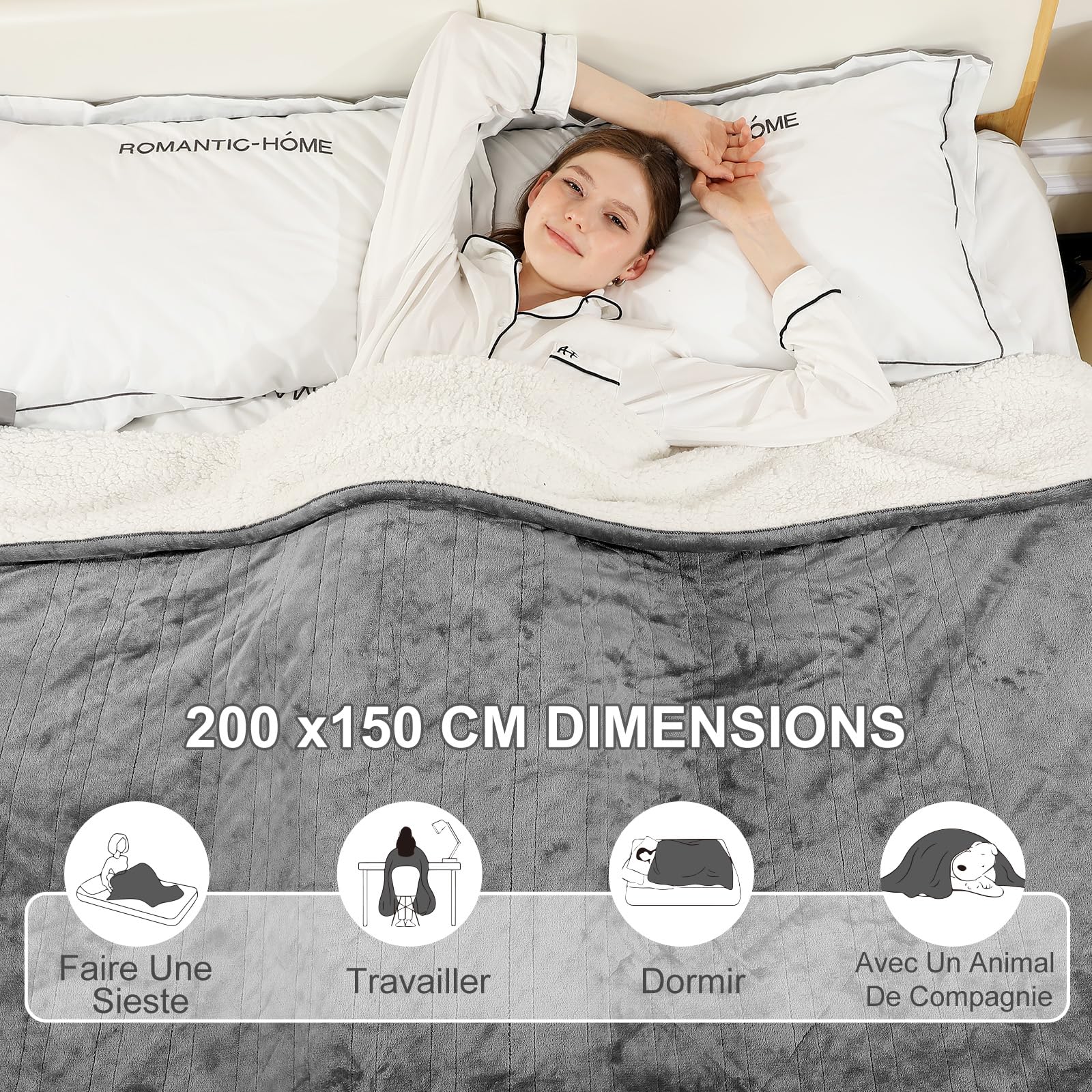 COZYTY Couverture Chauffante 150×200 cm, Plaid Chauffant en Flanelle Gris | 6 Réglages de Température, Minuterie 10 Heures, Protection Surchauffe, Lavable en Machine, Convient pour Lit et Canapé