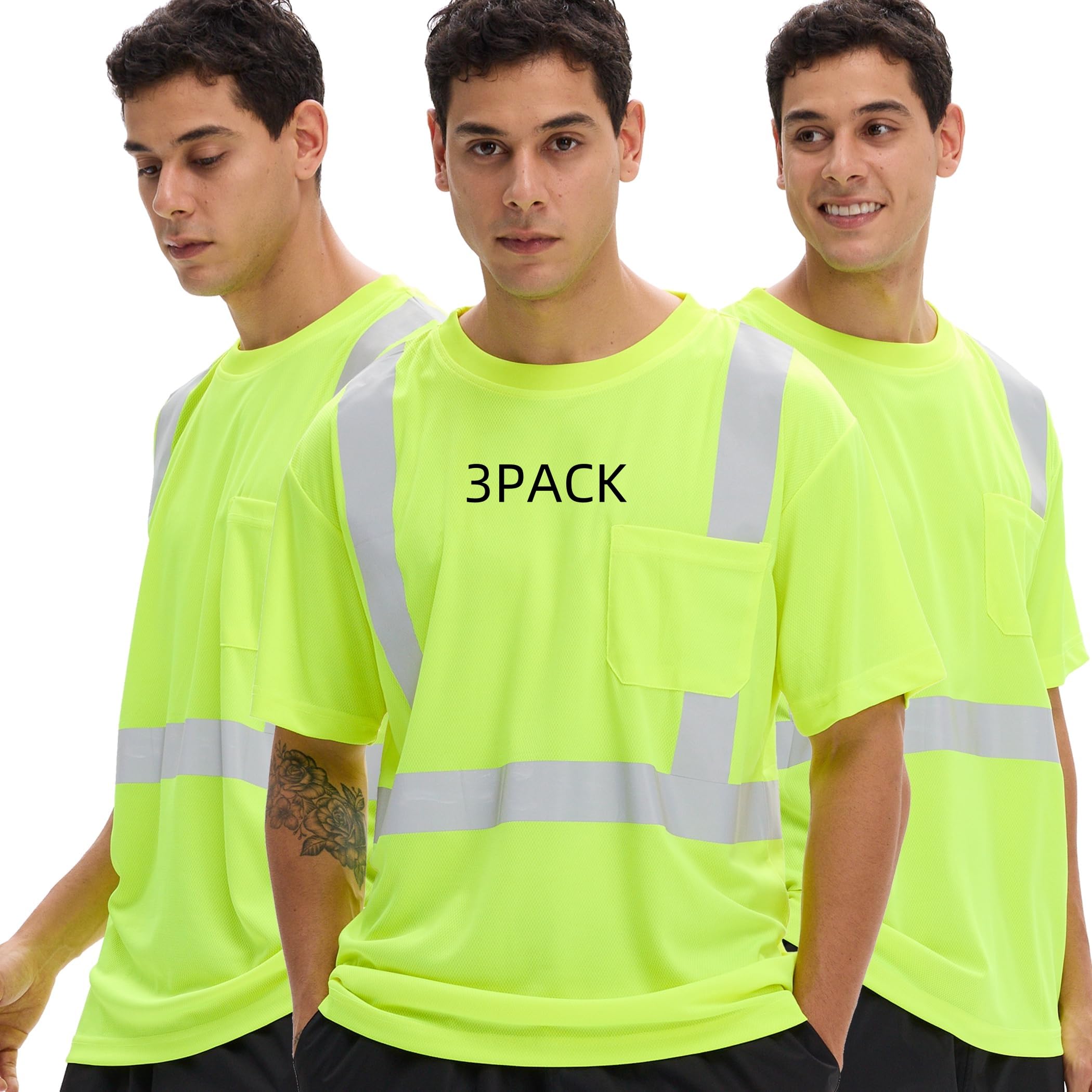 sesafety 3PACK High Visibility Shirts for Men, Class 3 Hi Vis Reflective Construction Shirts for Men with Pocket Safety T Shirts