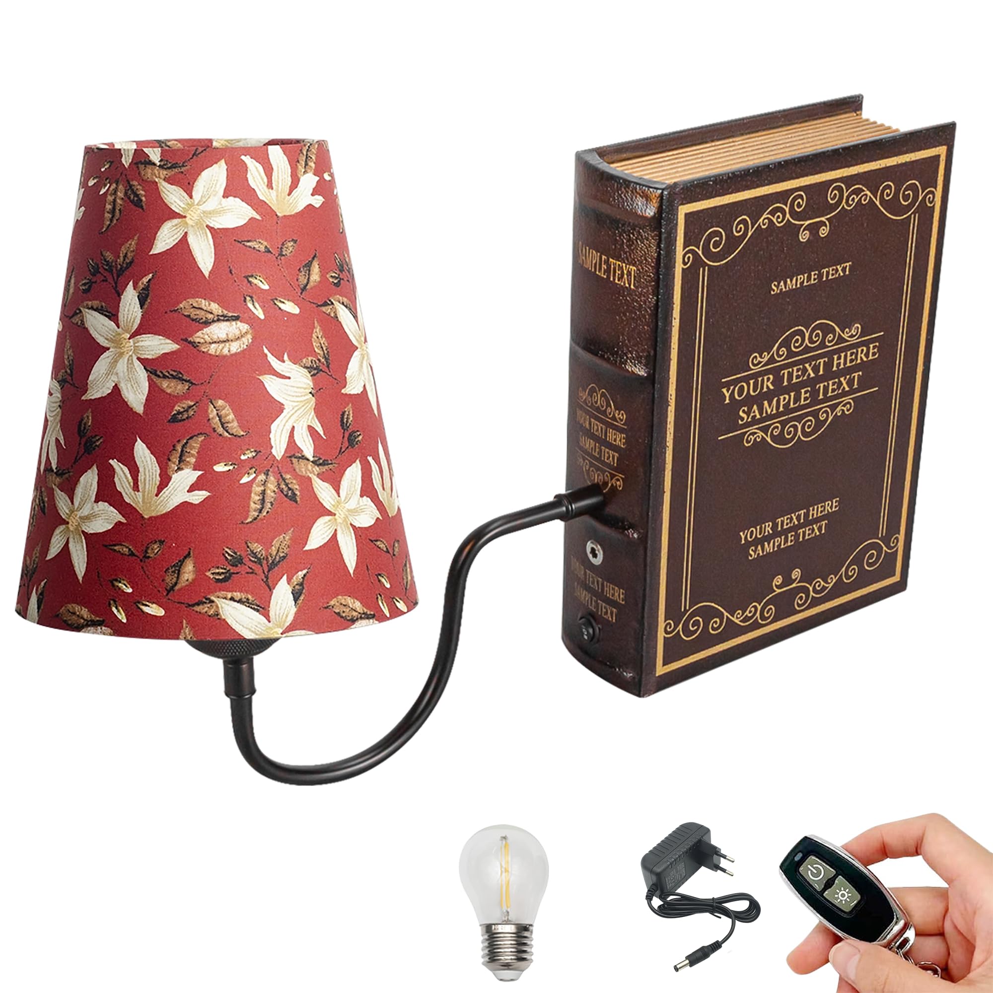 LED Buchlampe mit Fernbedienung, Vintage Dimmbar Nachttischlampe mit Stoffschirm 1xE27-Fassung, Wiederaufladbare Tischlampe Zeitschaltuhr für Nachttisch Beistelltisch DZ0365-YLH