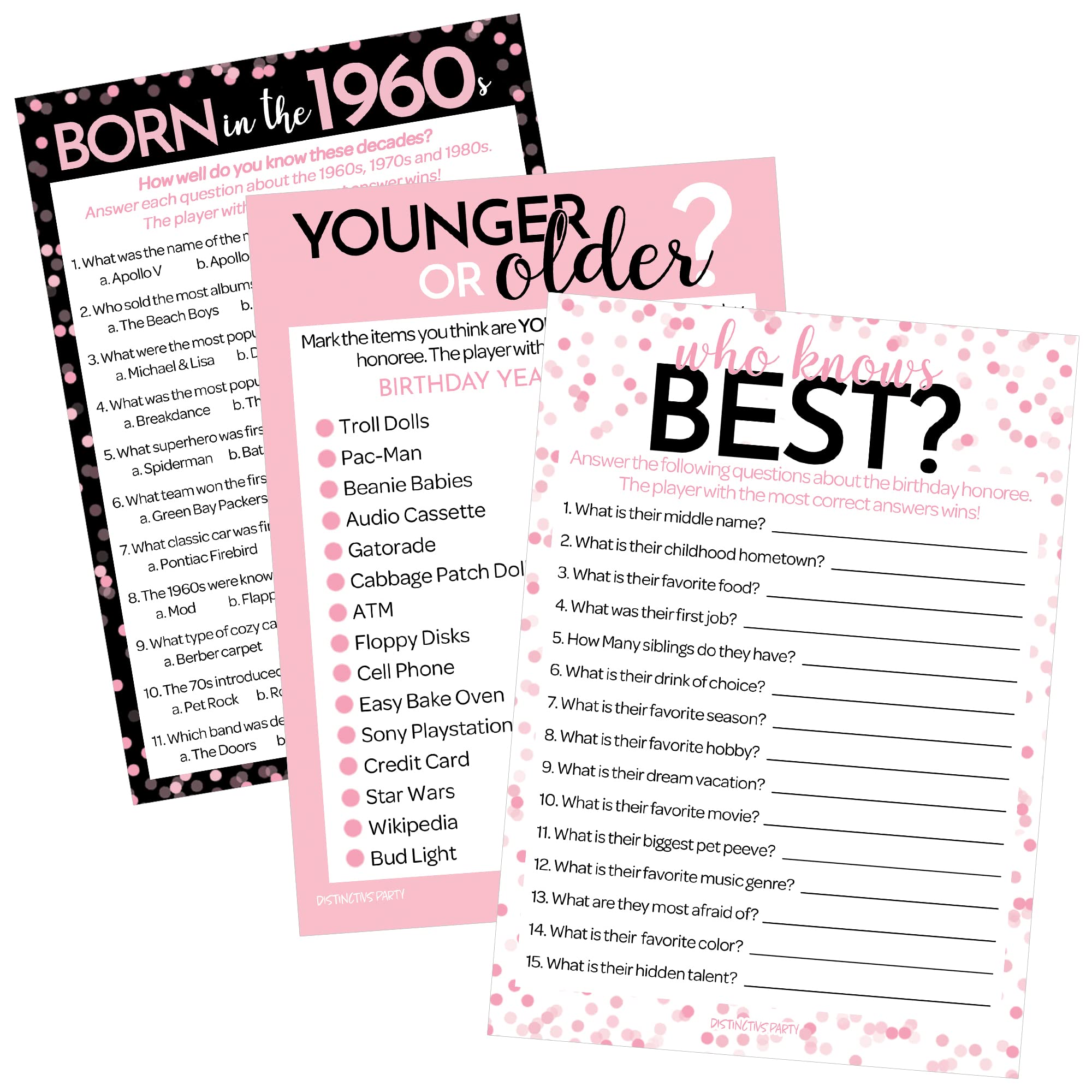DISTINCTIVS Pink and Black 60th Birthday Game Bundle - Set of 3 Birthday Party Games for 20 Guests, Born in The 1960s Theme