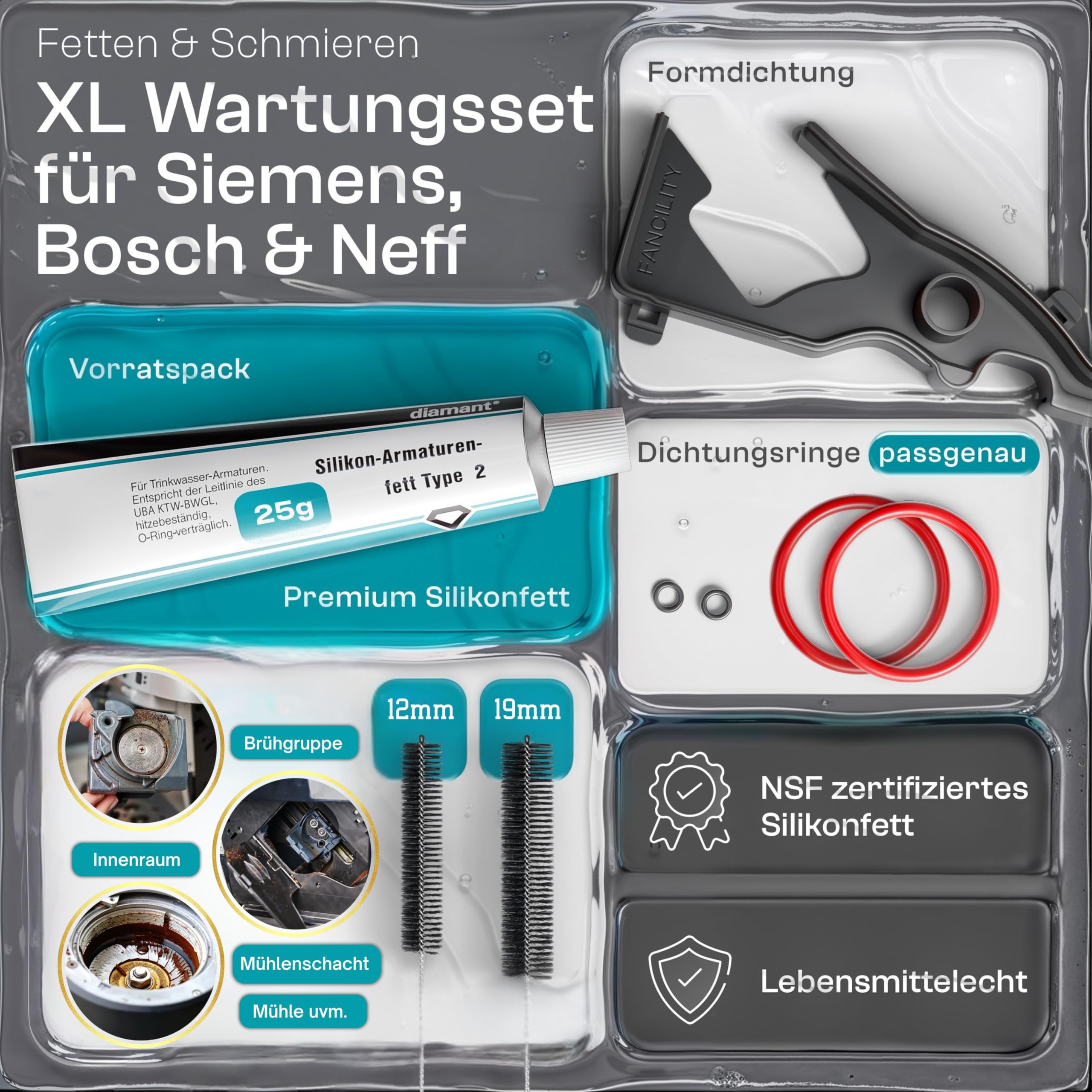 Kit D'entretien XL Pour Machines à Café Siemens EQ5-EQ8 & Bosch Vero - Graisse Silicone 25g, Joints, Brosses - 2