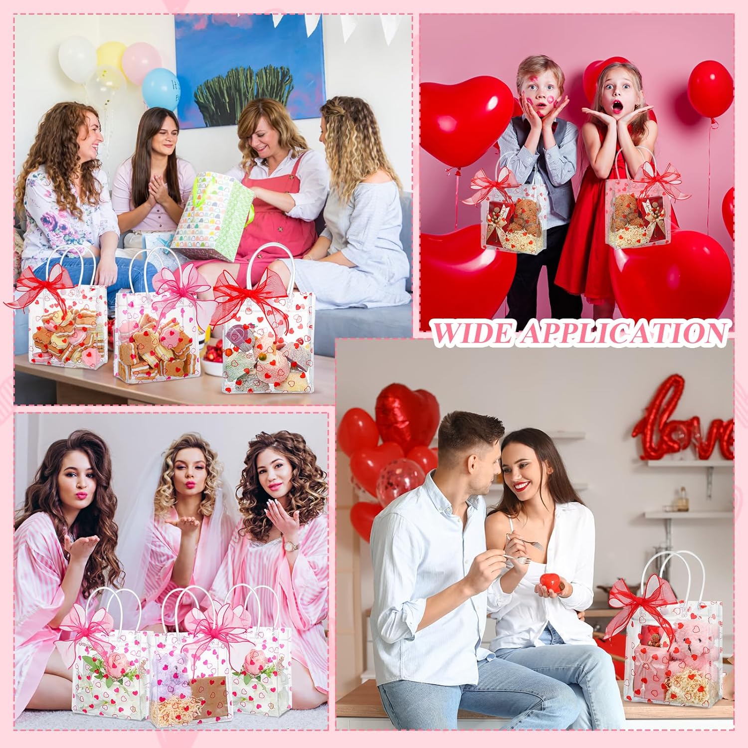 Geyoga 50 Pack Clear Valentine's Day Heart Gift Bags with Handle Bow 6.3 x 5.9 x 2.8 Inch PVC Goodies Tote Reusable Gift Wrapping Candy Bags for Valentines Wedding Birthday Bridal Party(Red, Rose) - Image 5