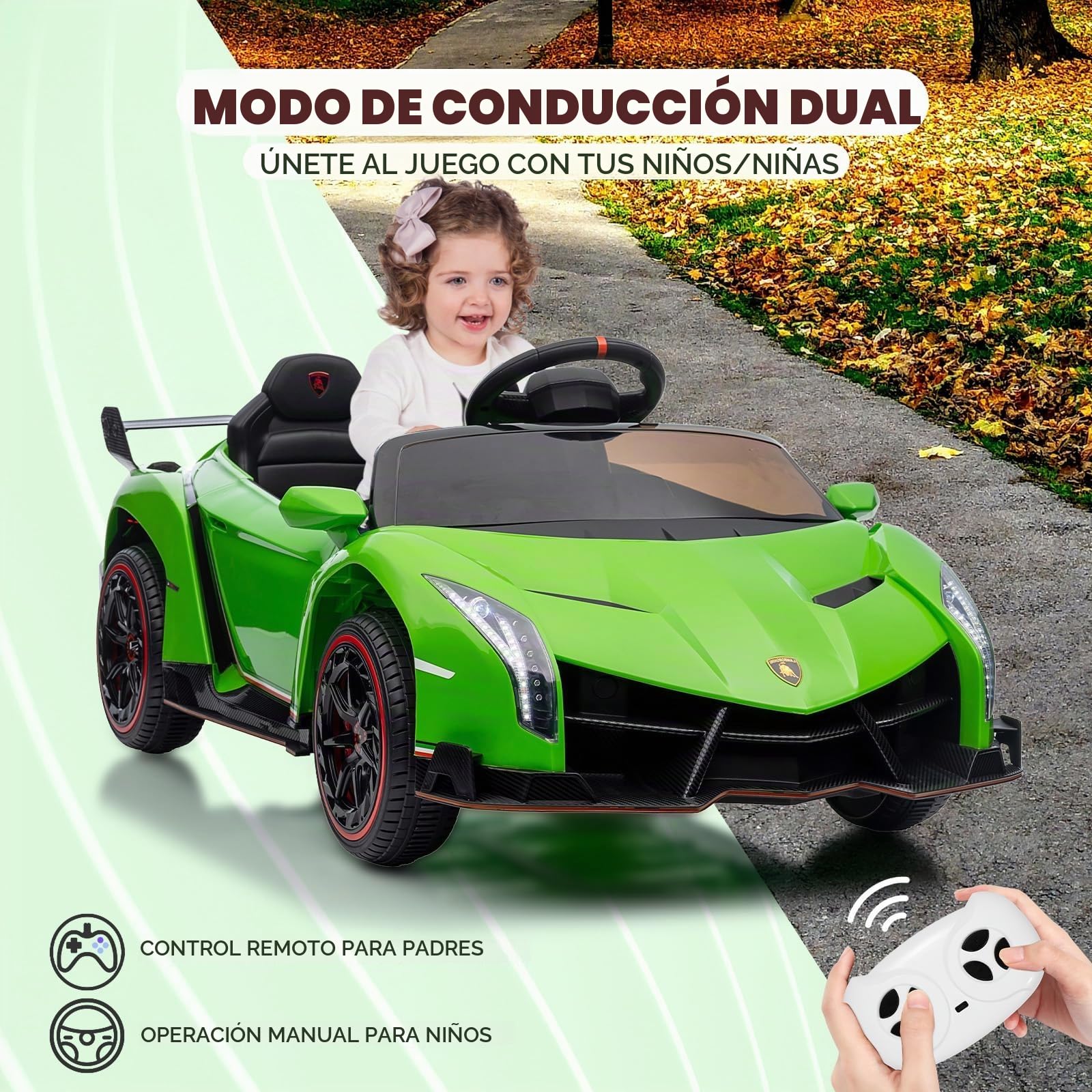 GarveeHome Coche eléctrico Infantil Lamborghini 12V con Licencia - Puertas Tipo Tijera - Mando a Distancia Parental - Luces LED - Asiento Amplio - Música MP3/inalámbrico - para niños 3-8 años - Verde