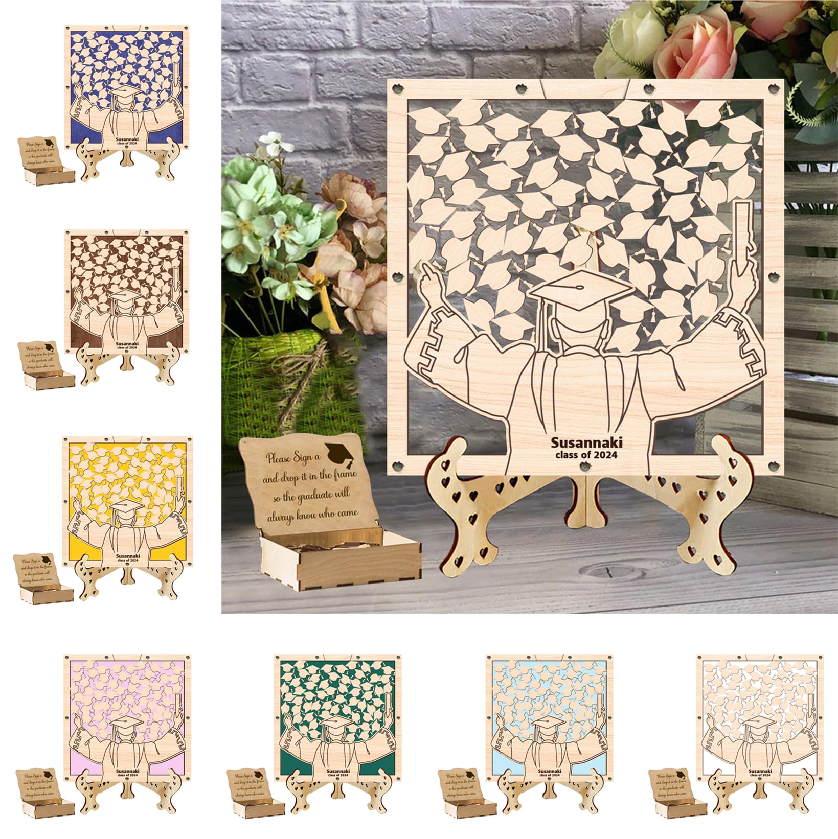 Personalized Graduation Guest Book Alternatives Wooden Drop Top Frame Guest Book with Stand 2024 Graduation Party Guest Book with 30/50/80/100 Pcs