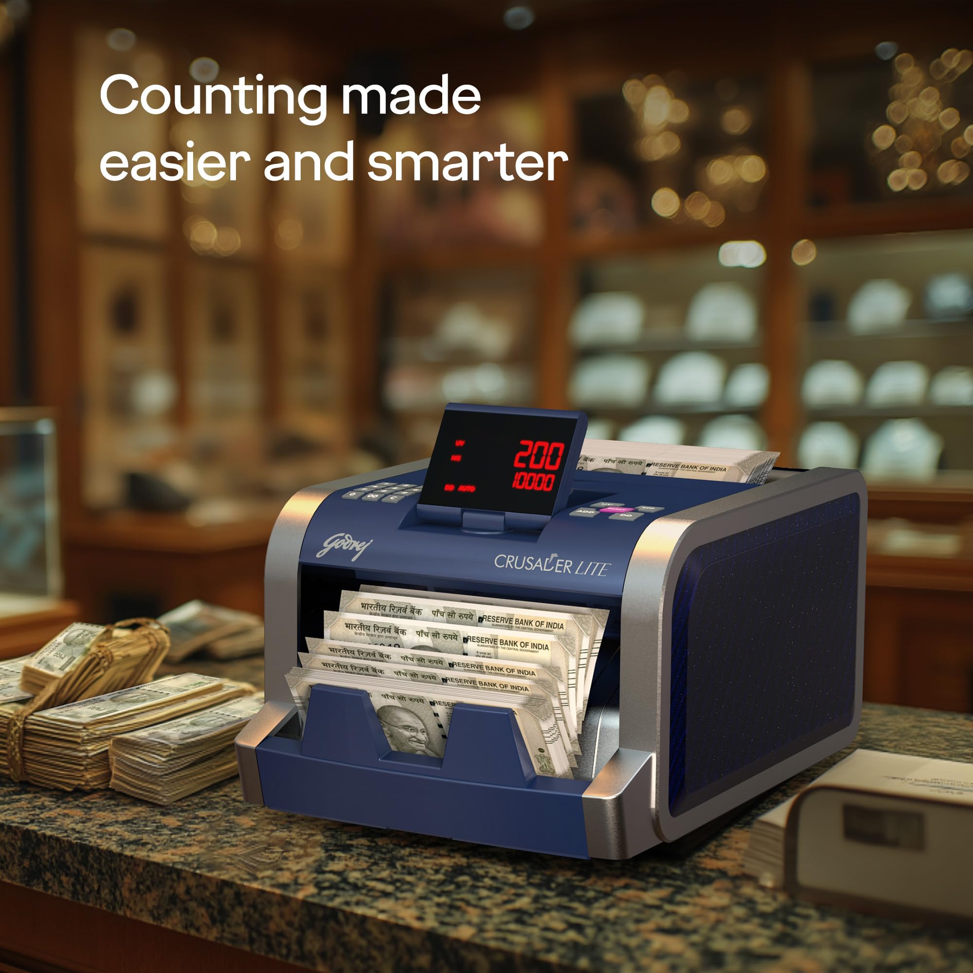 Godrej Security Solutions Bill Counter Crusader Lite Cash/Currency Counting Machine 1000 Notes/Min With Customer Display Unit | Fully Automatic & UV, MG & IR Sensors | Fake Note Detector For Bank Home 3