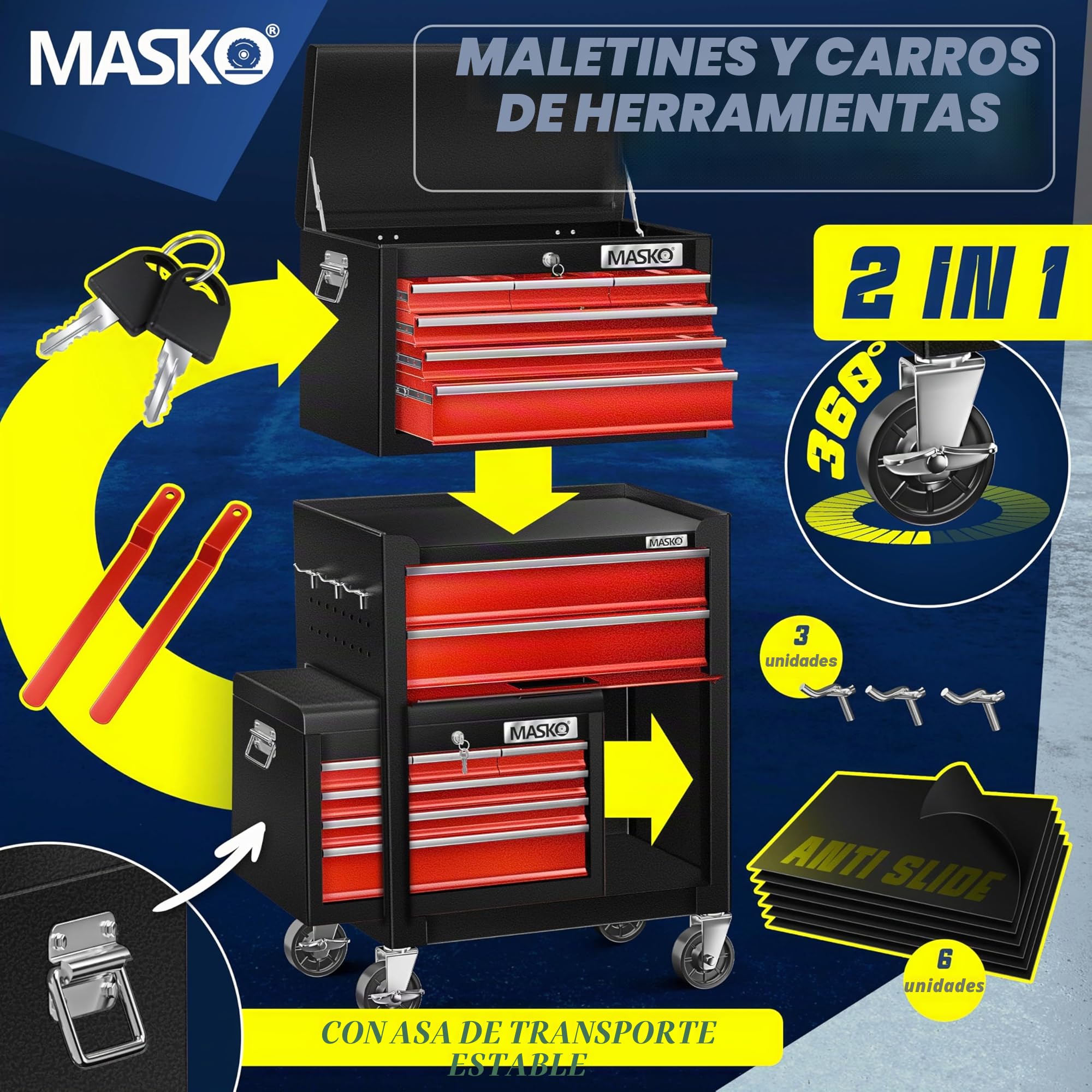 MASKO® Carro de taller con maletín incluido, 9 compartimentos con cerradura metal macizo, sin herramientas, para guardar herramientas, rojo