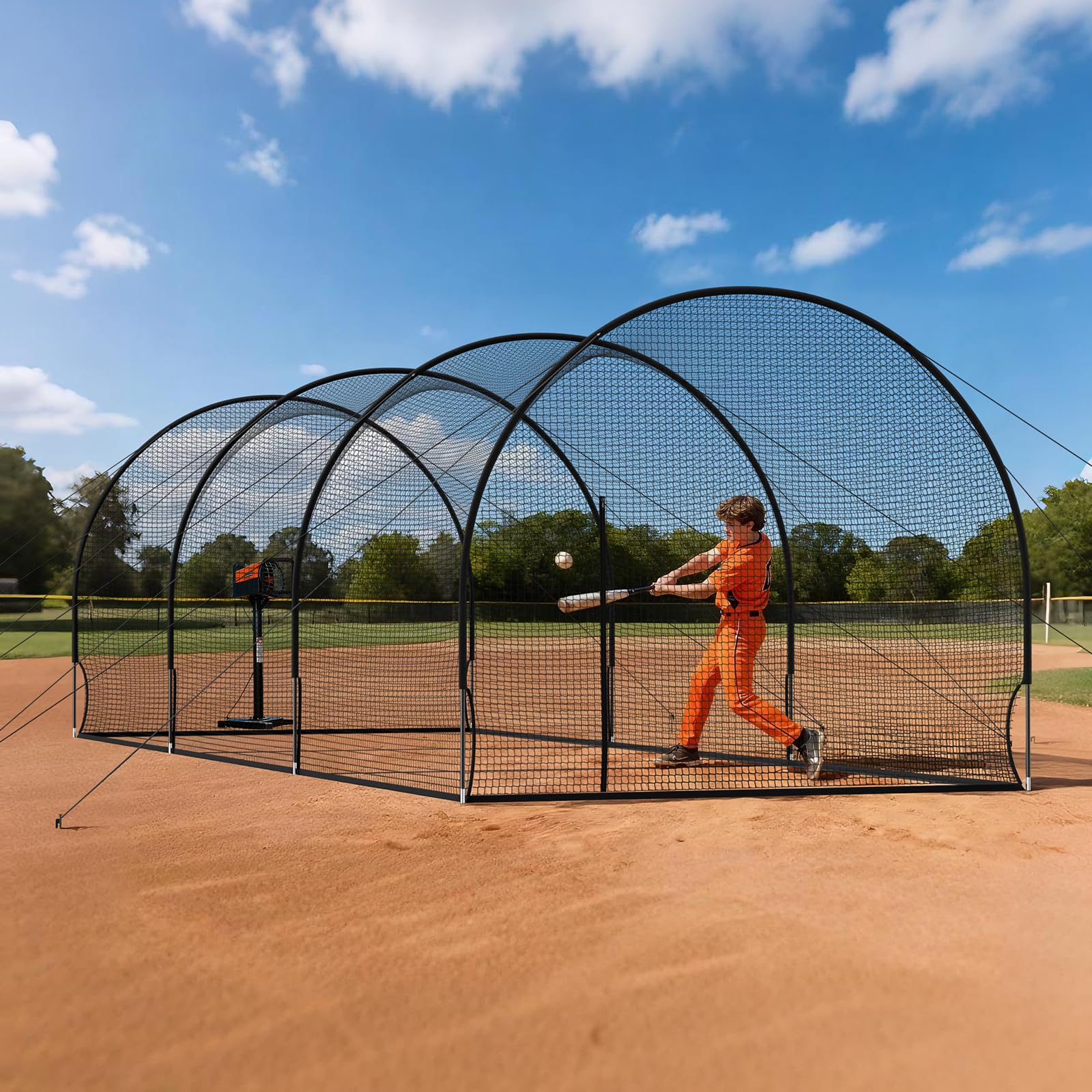 VEVOR Gabbia da Battuta da Baseball da 10058 x 3660 x 3000 mm Indipendente con Poliestere senza Nodi a 4 Strati e Apertura per Macchina da Lancio, Gabbie da Battuta in Rete per Interni Esterni