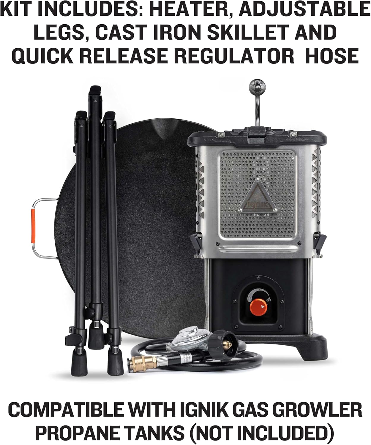 Ignik Skullet Deluxe 2-in-1 Heater Stove, Deluxe Cook Set w/Cast Iron Skillet & Adjustable Base