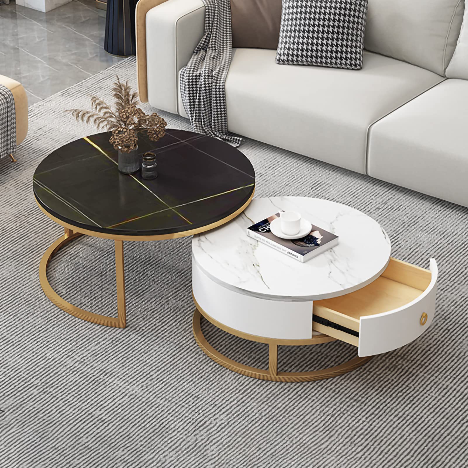 Table basse gigogne avec tiroirs et plateau effet marbre ardoise pour salon moderne