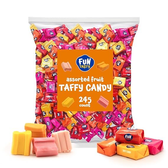 Taffy Candy | 2.2 Pound Bag - Approx. 245 Count | Chewy Fruit Candy Individually Wrapped | Soft Chewy Candy in Orange, Strawberry, Tropical Fruits, Cherry Taffy Assortment