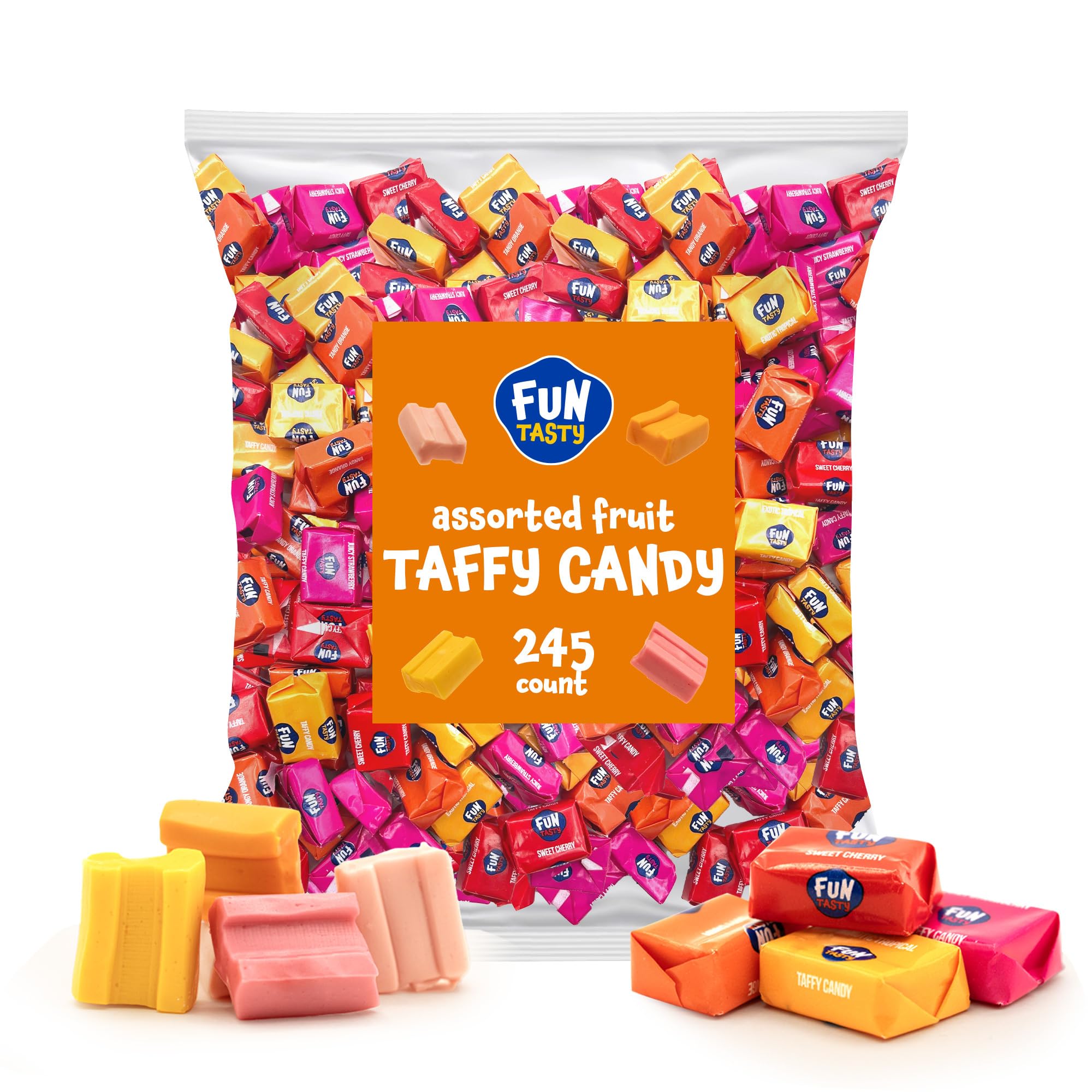 Taffy Candy | 2.2 Pound Bag - Approx. 245 Count | Chewy Fruit Candy Individually Wrapped | Soft Chewy Candy in Orange, Strawberry, Tropical Fruits, Cherry Taffy Assortment