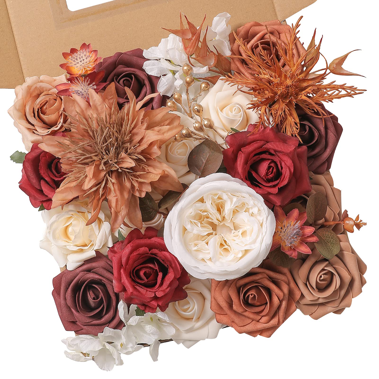 RUIDKUN Artificial Flower Box Set Silk Fake Flowers for DIY Wedding Hand Bouquet Flower Arrangement Bouquet Centerpiece Decorations Baby Shower Party Home Decorations (Burgundy)