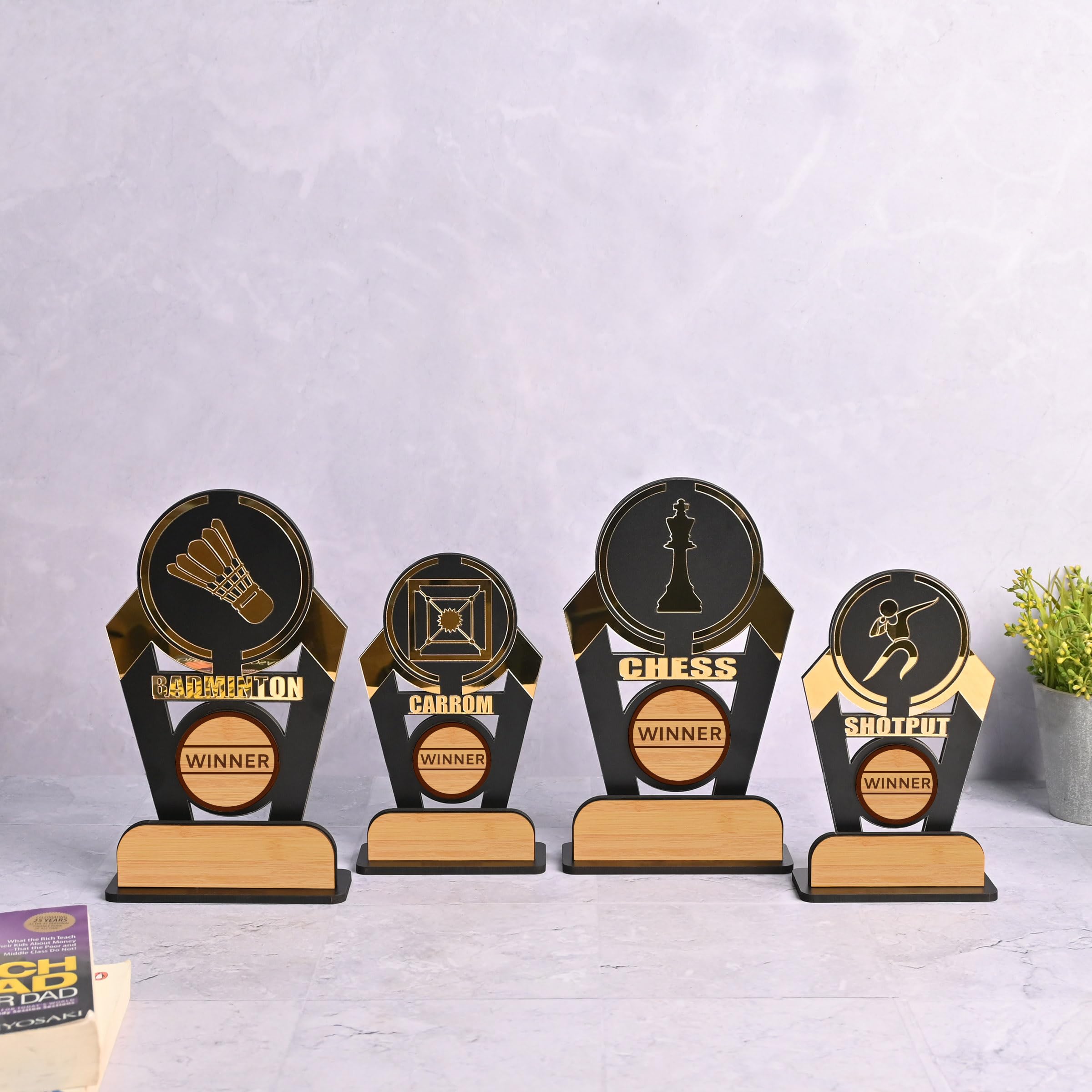 GKD Wooden & Acrylic Sports Winner Trophy - Badminton, Shot Put, Carom, Chess - 8 x 4 Inches, Ideal for Awards & Celebrations (Pack of 4)