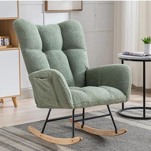 Nursery Rocking Chair Teddy Upholstered Glider Rocker Rocker Accent Chair with High Backrest Armchair Comfy Side Pocket Modern Rocking Accent Chairs for Living Room, Nursery, Office-Green