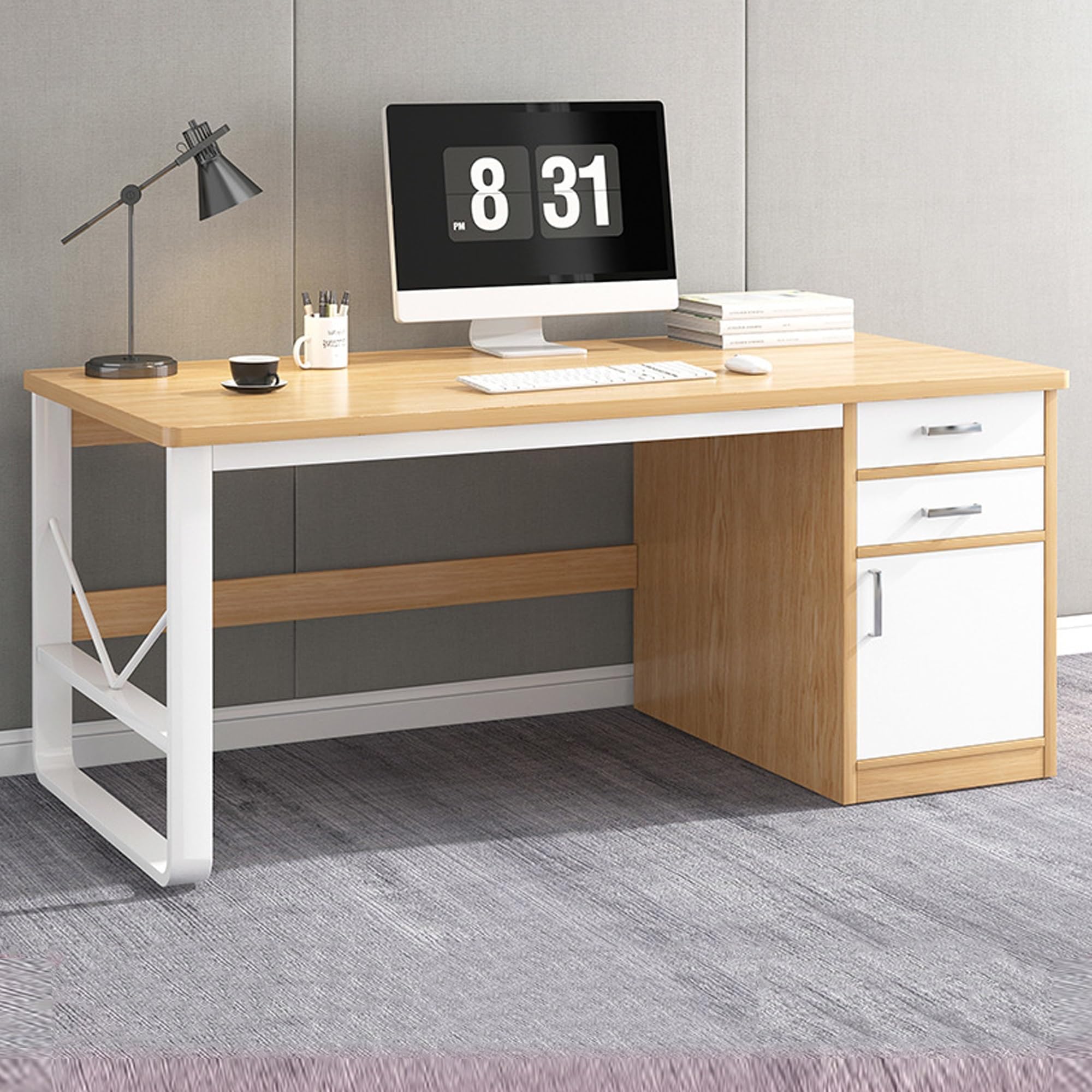Mescxty Wood Office Computer Desk With Drawers,Large Gaming Desk With Ample Storage,Sturdy Writing Table Workstation With U-Shaped Steel Frame(140X60x72cm, )
