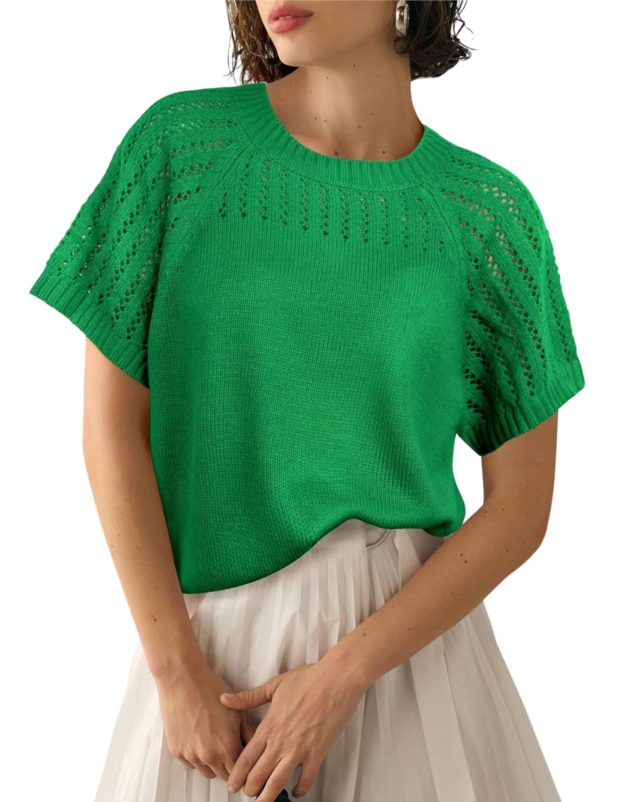 Yeokou Women Knit Crochet Top Short Sleeve Crewneck Pullover Loose Casual Summer Tee Shirt