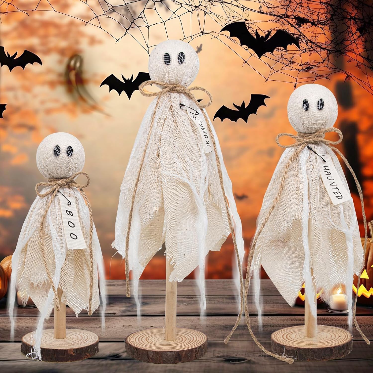 Amazon | 木製おばけ家族セット｜手作り風ハロウィン置物3点（BOO