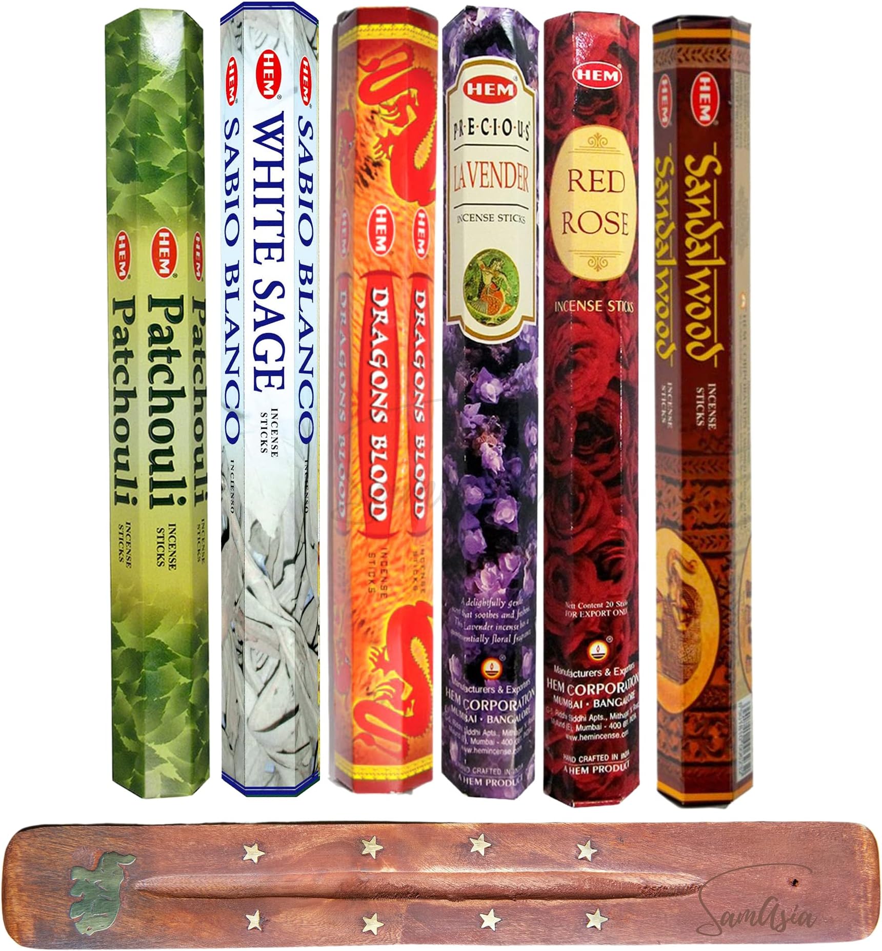 HEM Incense Sticks - 6 unique and premium flavours - Sandalwood, Red Rose, Lavender, Dragons Blood, White Sage, Patchouli with SAMASIA incense holder