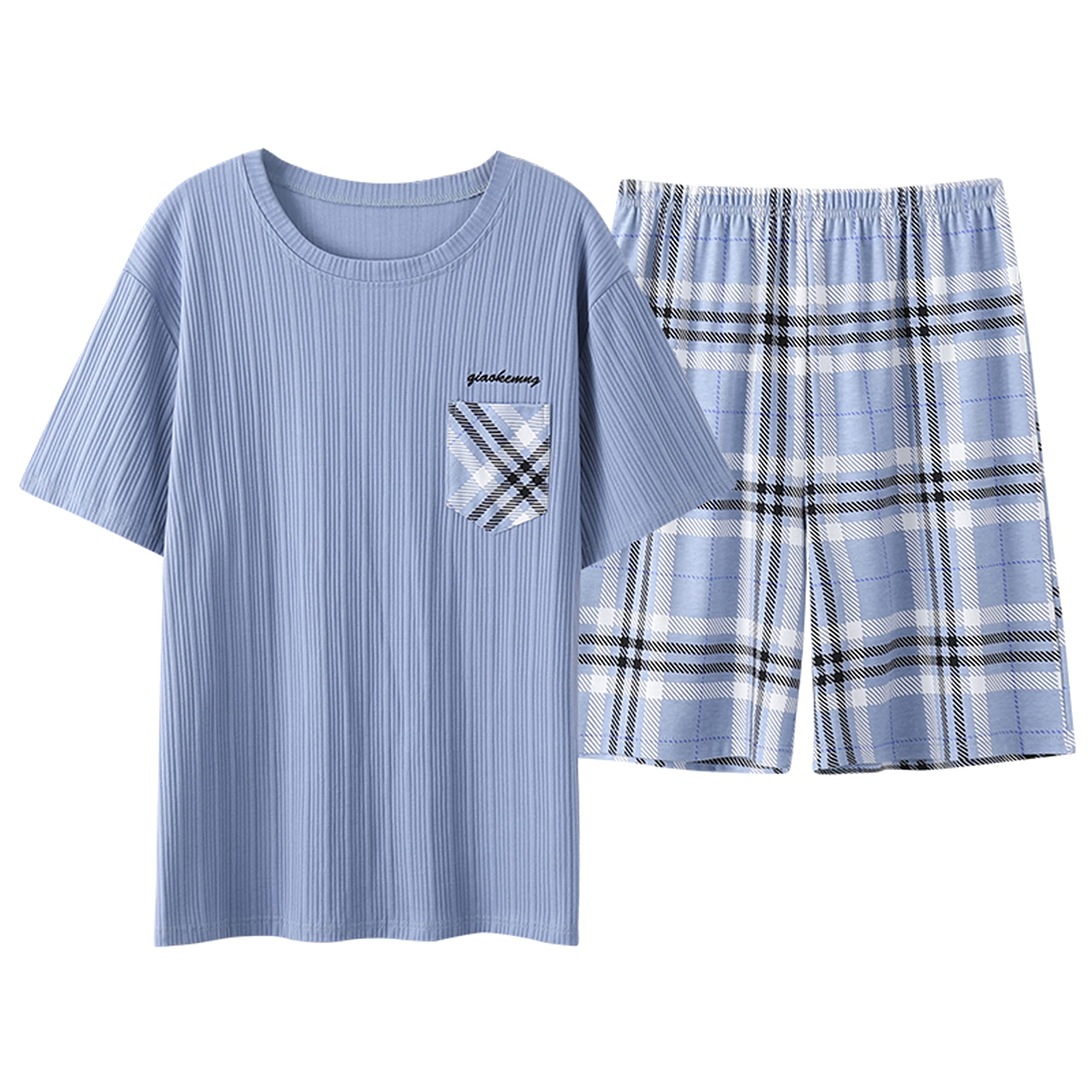 G.N DreamerMen's Pyjamas Sets lattice Short Pajama for Men Cotton Sleepwear T-Shirt Classic Pjs Sets