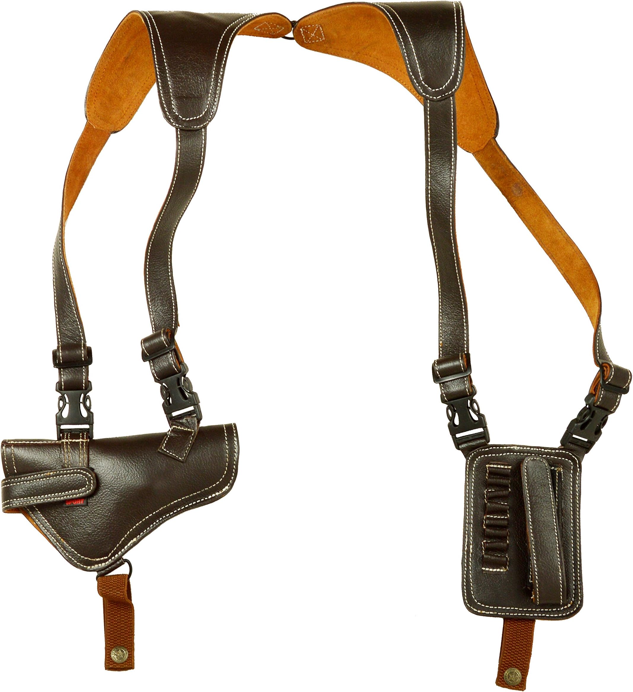 Purwanchal presents Italian Leather Pistol Chest Holster with Magazine Pouch, 9mm in length, (PGH018, Dark Brown)