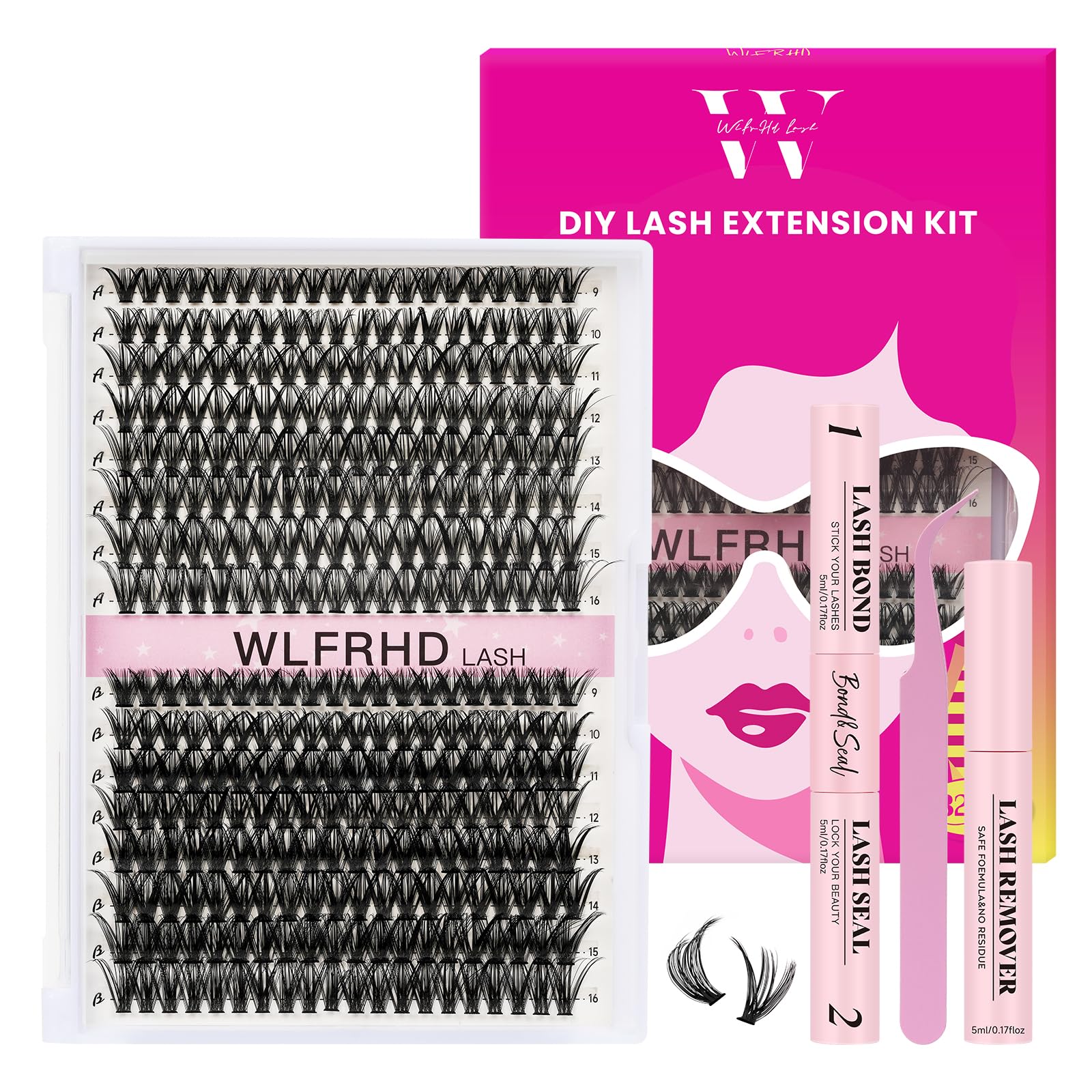 Cluster Lashes Kit 320PCS Lash Clusters DIY Eyelash Clusters 40D 50D Lash Extension Kits Individual Lashes Natural Lash Cluster Kit with Bond and Seal, Eyelashes Remover and Tweezer(D-Mix9-16mm)