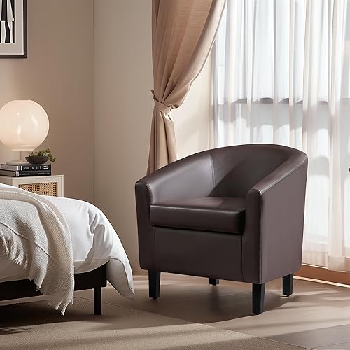 Miniatura 4 de Yaheetech Silla de club de cuero, silla decorativa de piel sintética, sillón moderno para sala de estar con patas de madera y asiento acolchado para