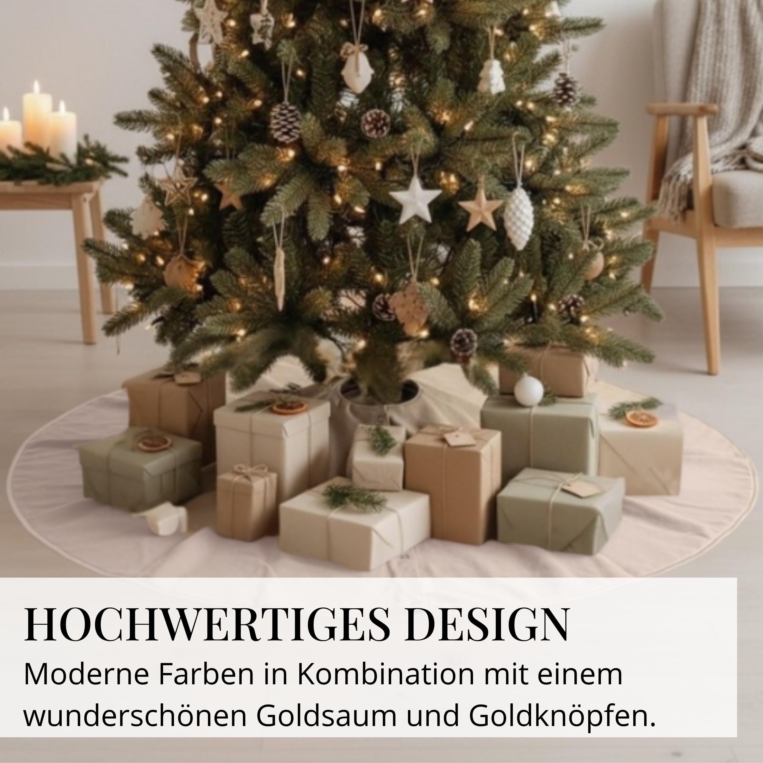 Livlig53 Weihnachtsbaum Decke ø120cm, Weihnachtsbaumdecke rund aus 100% Baumwolle, 2in1 Design - wendbare Tannenbaum Decke, Weihnachtsbaumrock, Weihnachtsbaum Decke Beige I Grün mit Goldsaum