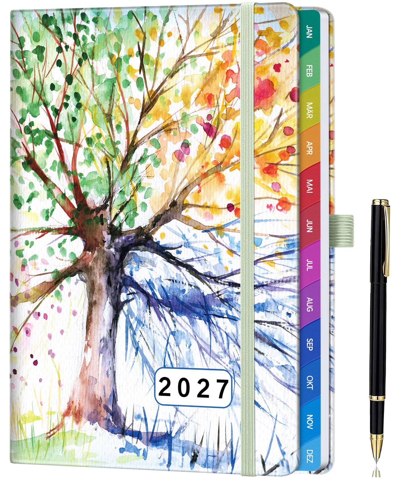 2027 Terminplaner A5 Wochenplaner von Jan. bis Dez. 2027- Jahreszeitenbaum | 1 Woche auf 2 Seiten, Deutsche Feiertage, Farbige Monatsregister, Hardcover mit Stiftschlaufe