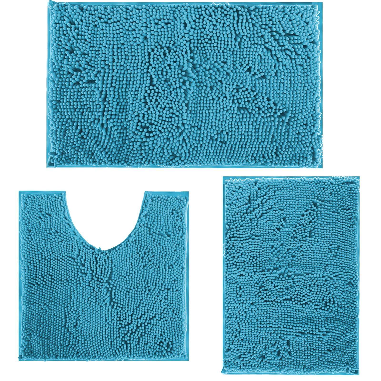 Teal Blue Bathroom Rugs Bath Mats for Bathroom Chenillen Bath Rug Set 3 Piece Non-Slip Bath Mats, Absorbent Shaggy Rugs, Machine Wash, Perfect Plush Bathroom Mats, Bathroom Carpets Set