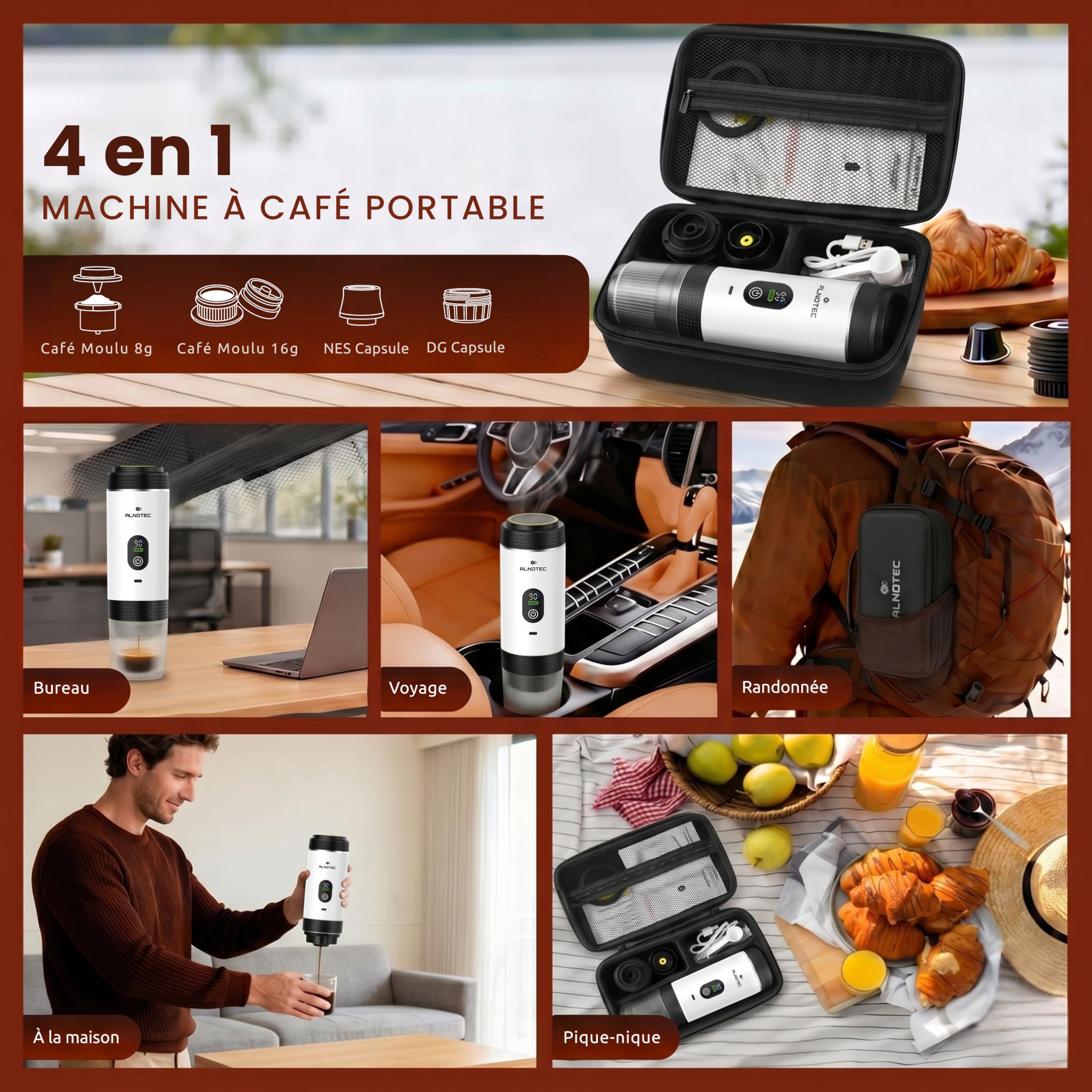 Cafetera portátil eléctrica 20 bar auto-Calffante - 3 en 1 compatible con cápsulas NES®, DG® y café molido - 2 adaptadores de café molido 8 g y 16 g - LED - USB-C (blanco, + bolsa)