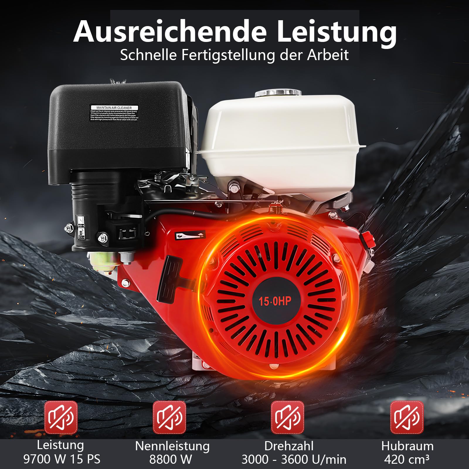 Benzinmotor 15 PS 9.7KW 4-Takt Motor mit 25 Ø mm Welle, 420CCM, Standmotor Antriebsmotor Luftgekühlt Starke Kraft Großes Fassungsvermögen des Kraftstofftanks