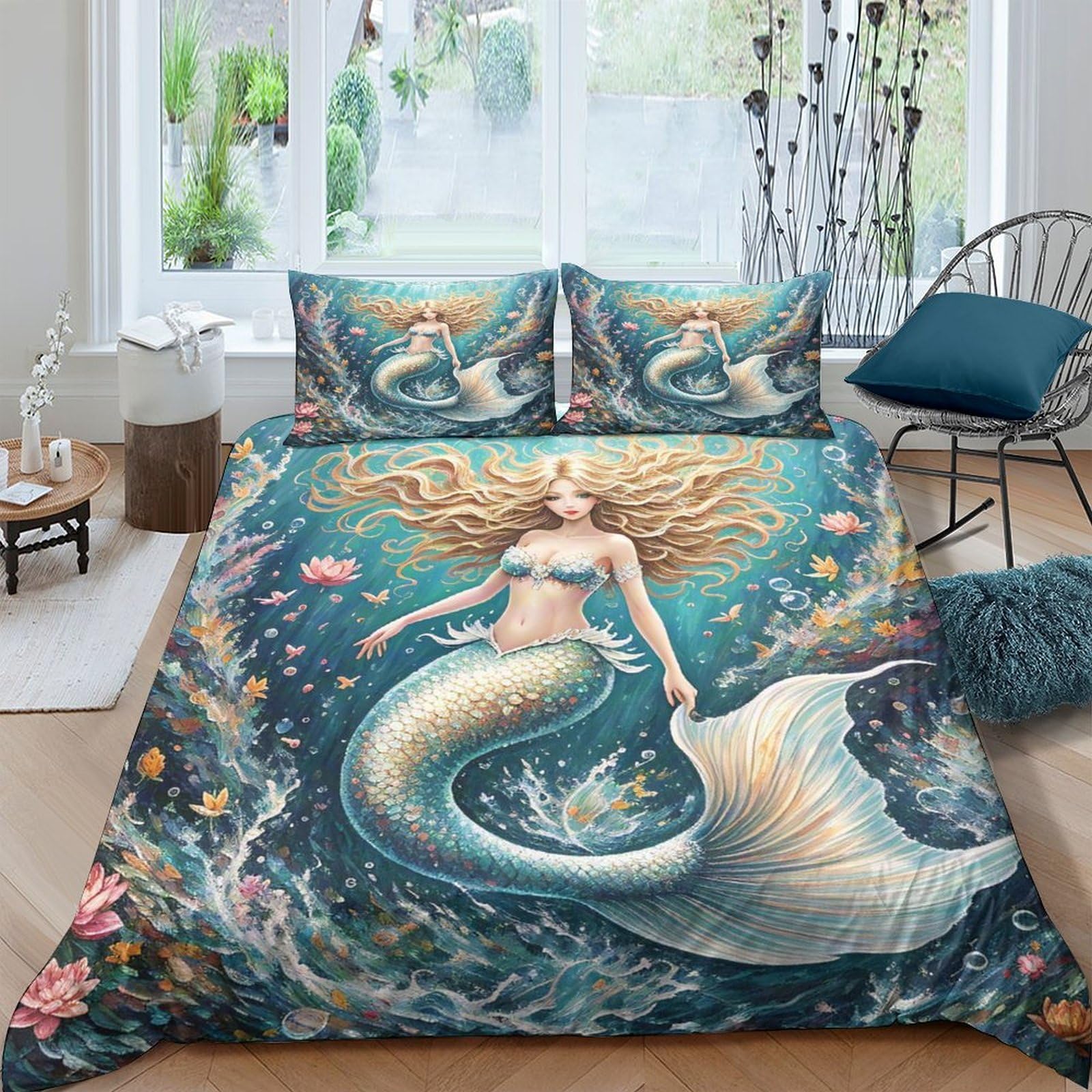 Ctjqhvkz Style-7 3D Printed Mermaid Ocean Fitted Sheet Microfiber Soft Anti-Slip Mattress Cover Sea Fantasy Bed Decor For Bedroom Guest Room Single（135X200cm）