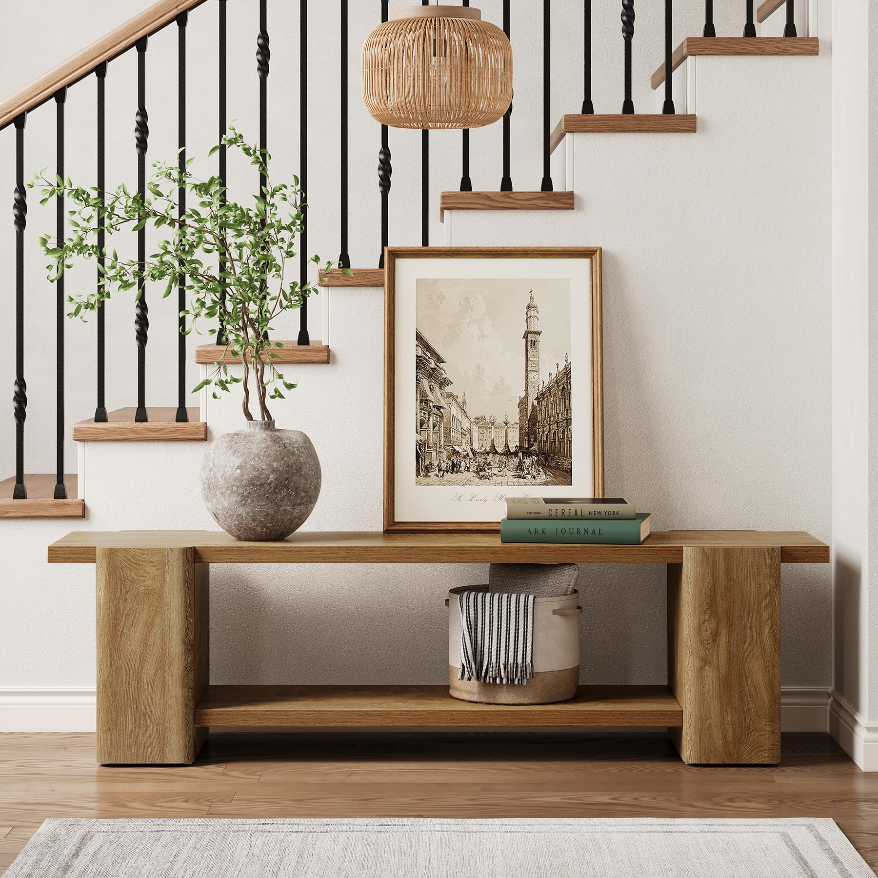 LITTLE TREE Wood Entryway Bench, 63" End of Bed Bench with Storage Shelf, Farmhouse Extra Long Shoe Bench for Entryway, Dining Room, Hallway, Living Room, Bedroom, Double-Reinforced Legs, Natural Oak