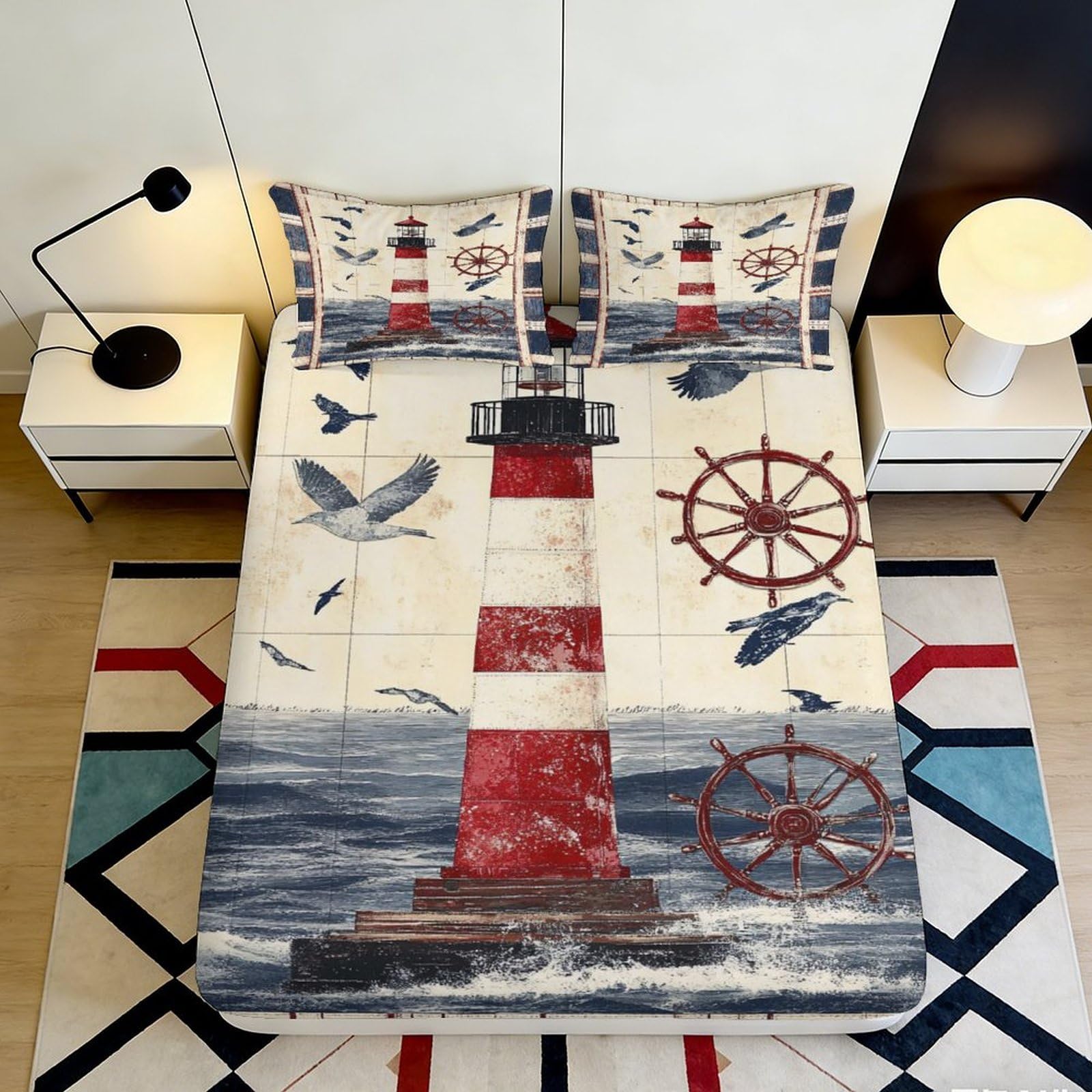 3D Printed Lighthouse Ocean Fitted Sheet Microfiber Nautical Birds Mattress Cover for Bedroom Guest Room Decor Easy Care 90x200x25cm