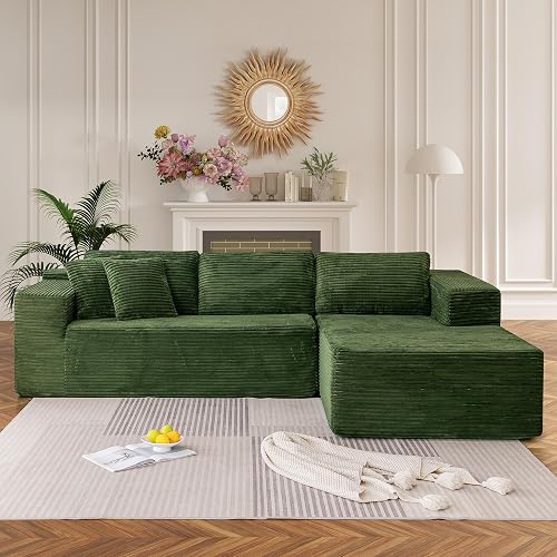 HOMREST 106" Cloud Sectional Couch with Chaise Lounge, L-Shape Modular Sectional Boneless Sofa with Deep Seat, Upholstered Couches for Living Room Bedroom, No Assemble, Green (Plush Corduroy Fabric)