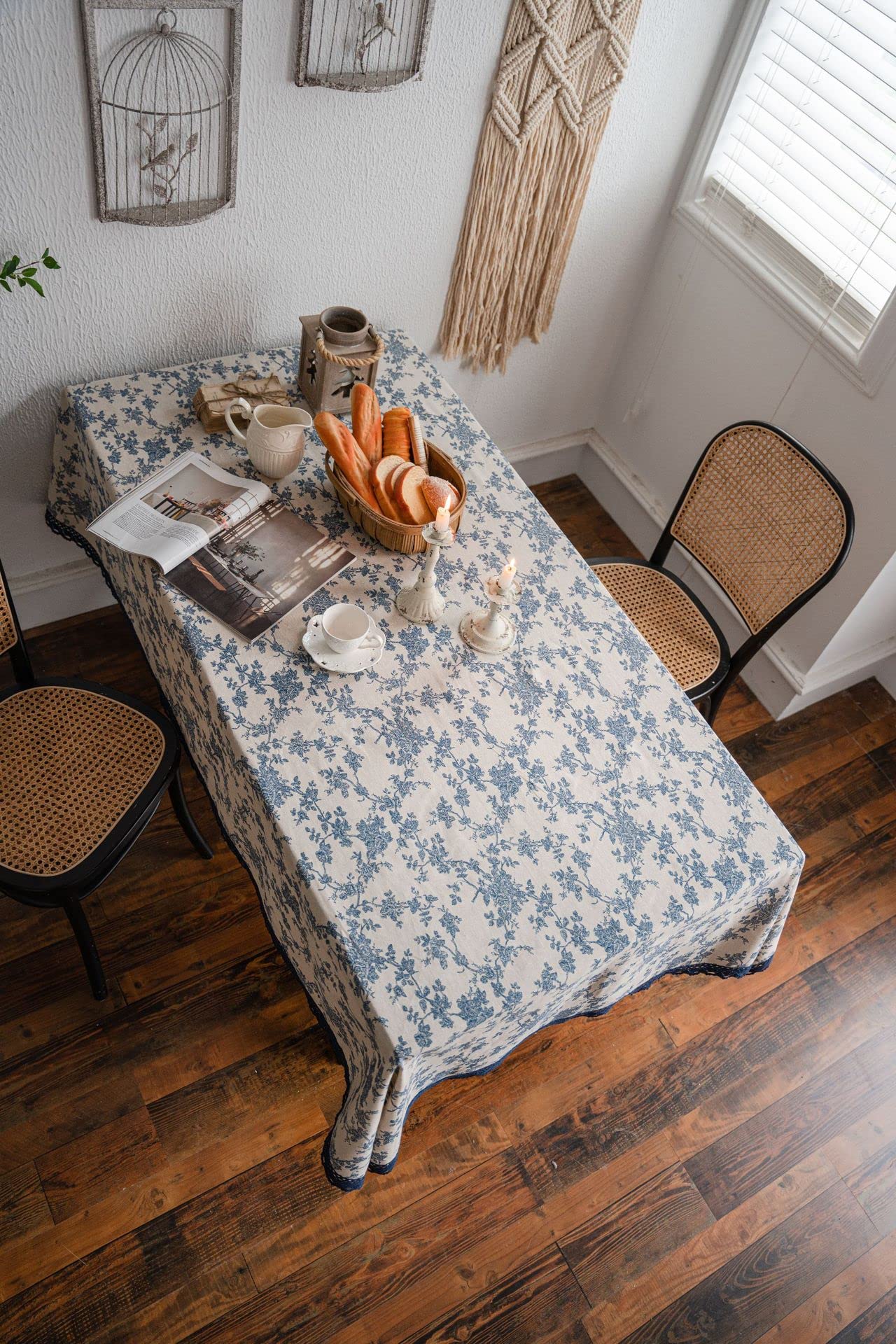 Tovaglia Rettangolare Blu Floreale | Cotone E Lino 150x220 Cm | Stile Pastorale Vintage