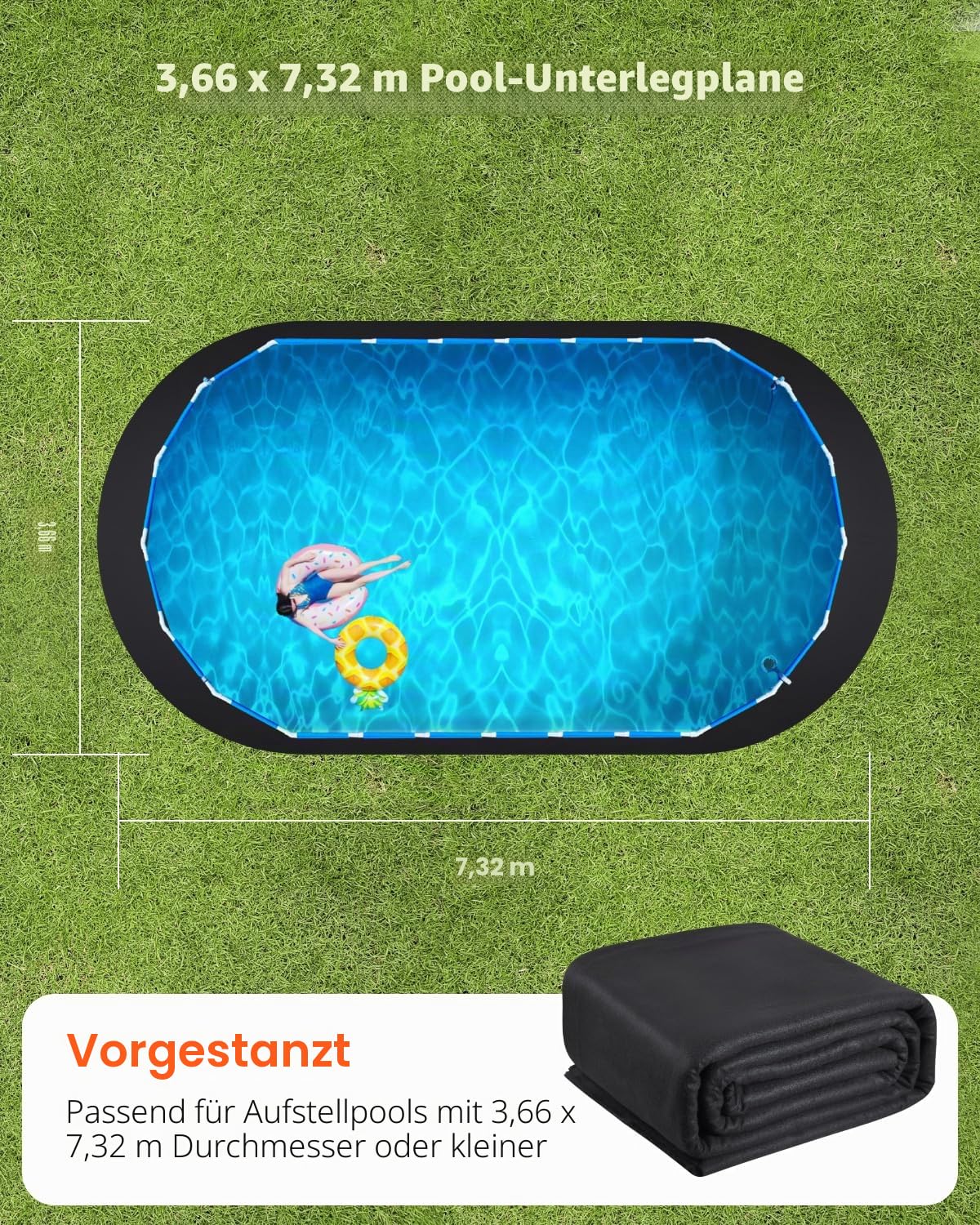 VEVOR Ovale Poolunterlage, 3,6x7,3 m, Bodenplane für oberirdische Schwimmbecken, extra Dicke Bodenschutzplane, Poolmatte aus Geotextilmaterial, verlängert die Lebensdauer der Folie