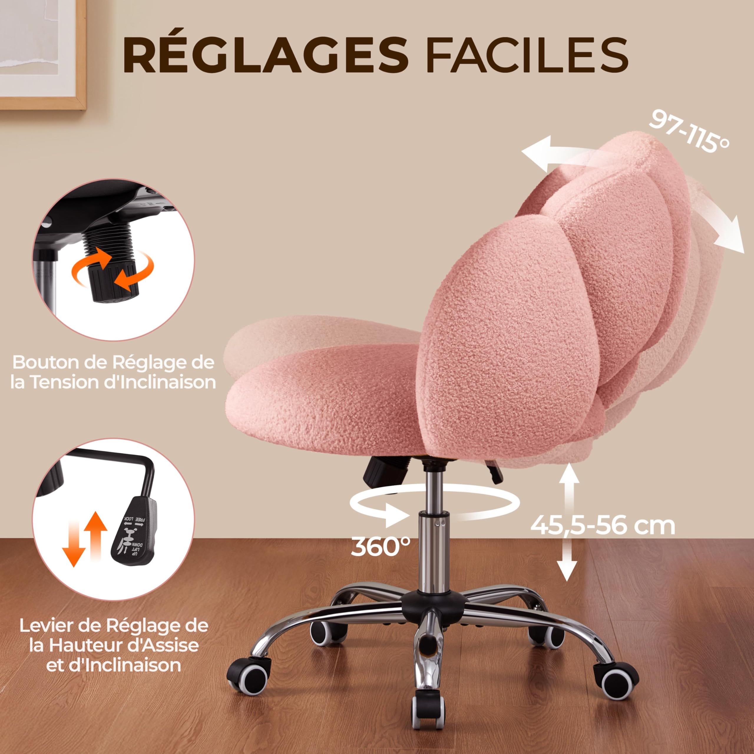 Yaheetech Poltrona da ufficio, sedia girevole ergonomica, schienale comfort in nuvola, regolabile in altezza, carico 136 kg, per soggiorno, camera da letto, ufficio, rosa/ricci