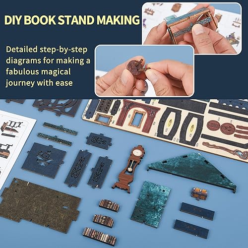 Miniatura 5 de Kit de rincón de libros para bricolaje, rompecabezas de madera 3D con decoración LED, sujetalibros de diorama de bricolaje, modelo, manualidades,