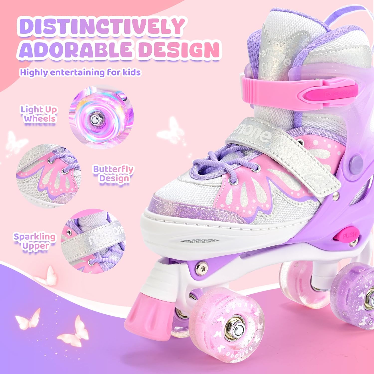 NEMONE Mermaid 4 Size Adjustable Light up Roller Skates for Girls, Purple Blue Skates for Toddlers, Beginner Kids Butterfly Roller Skates Indoor Outdoor - Image 7