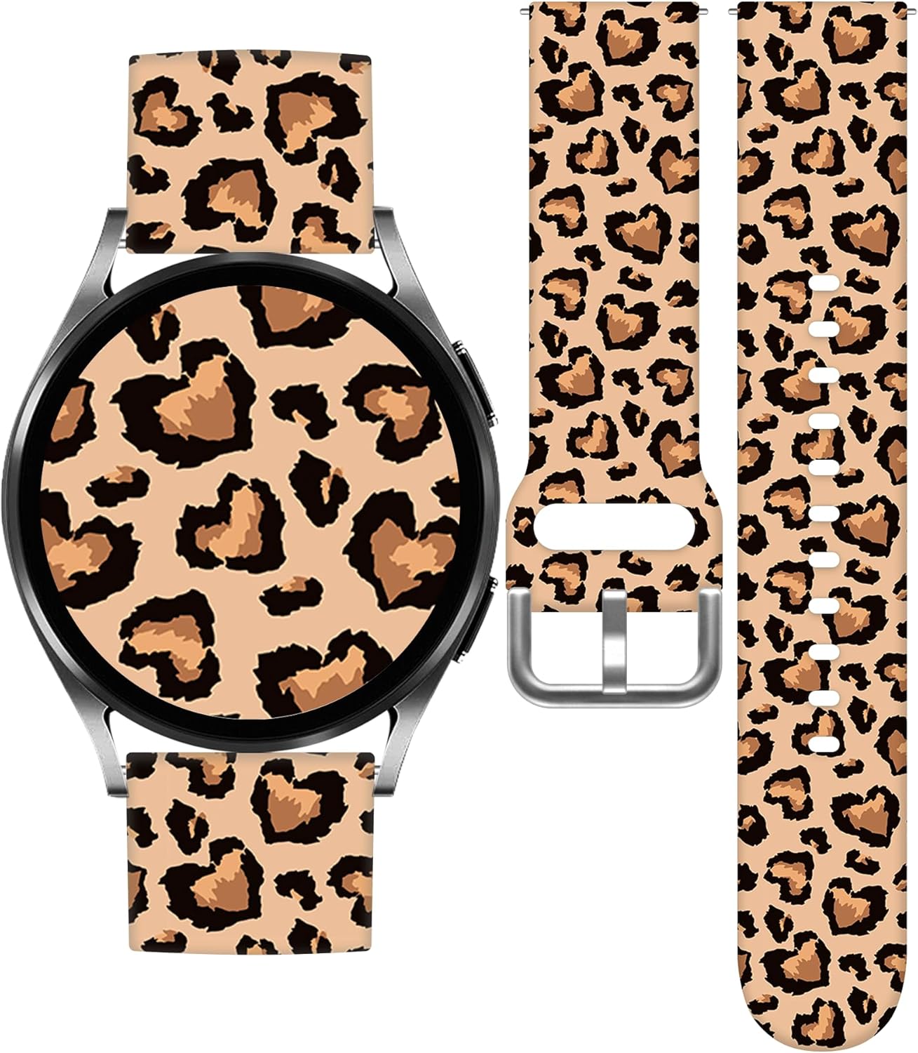 Watch Bands Compatible with Samsung Galaxy Watch 40mm 42mm 44mm 45mm 46mm, 20mm Pattern Replacement Silicone Strap for Galaxy Wacth 7/ 6/ 5/ 4/ 5/ 5 Pro/ Wacth 4 Classic/ Wacth 3 (41mm)/ Wacth Active 2 Love Leopard-Brown 20mm(M/L)