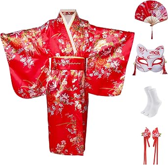 Japanese Kimono Anime Cosplay Costumes for Kids Girls Robes Hand Held Fan Set Size 6-7130CM Red