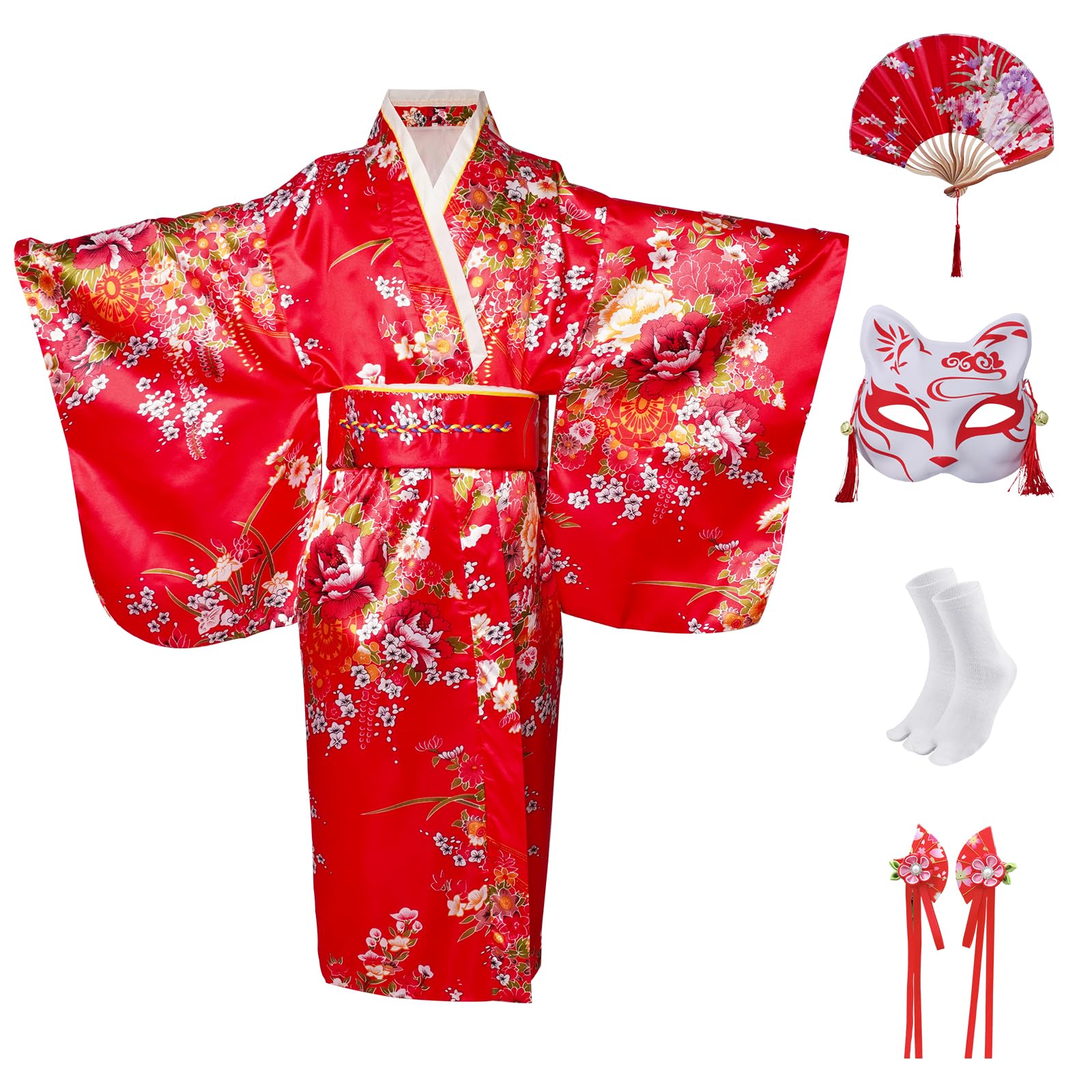 Kimono japonés de anime para niños, disfraz de cosplay para niñas, conjunto de falda tutú con máscara de zorro