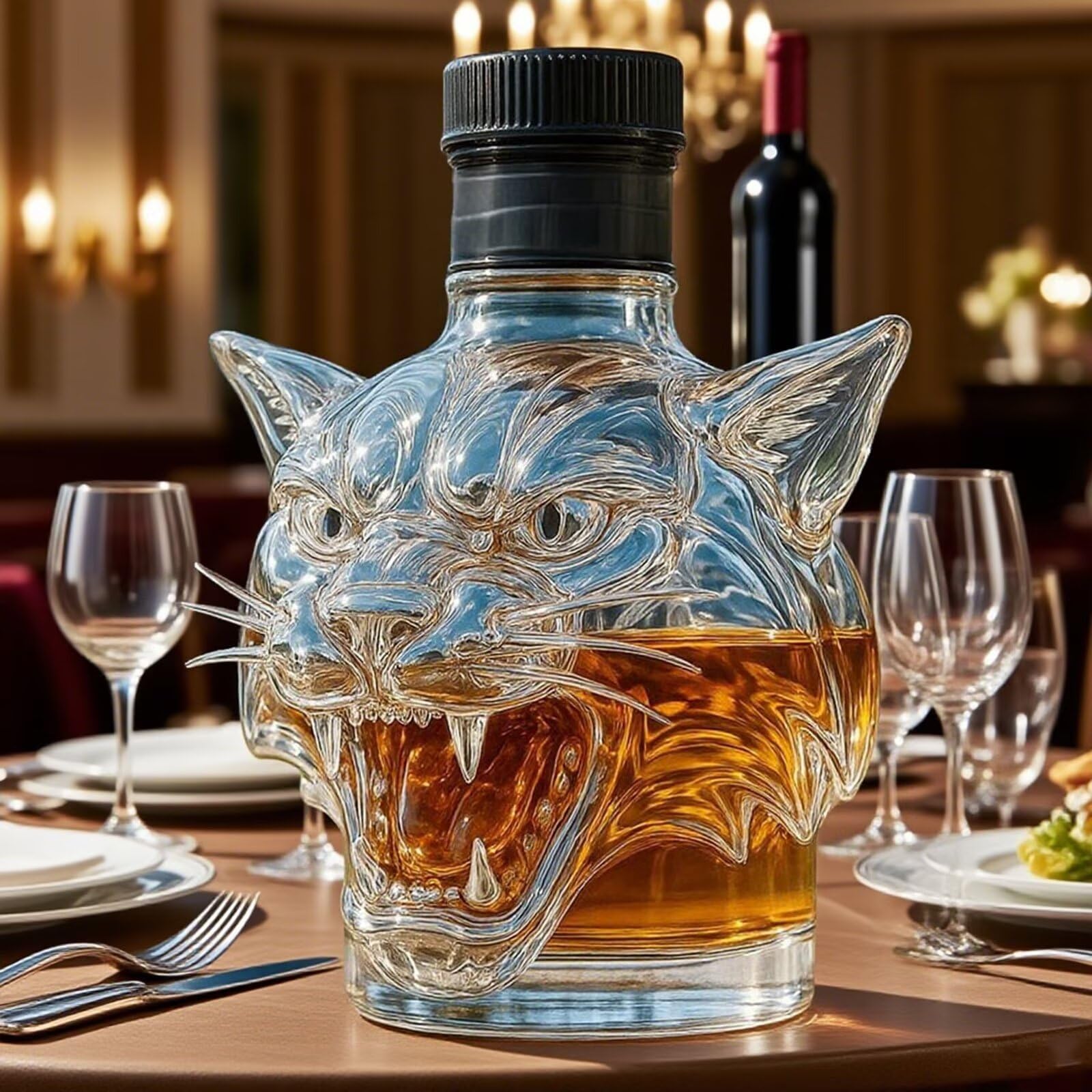 BCJMKDX Decanter, 300ml Wildcat Head Shaped Whiskey Wine Bottle, CreativeUnique Animal Theme Empty Bottles