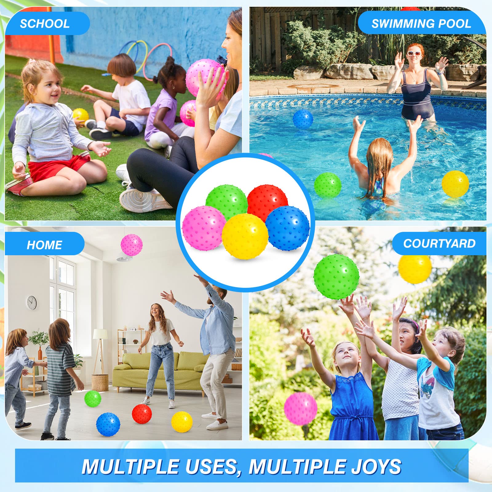 Paquete de 100 bolas Knobby a granel con 1 bomba de aire de 5.5 pulgadas, juguete sensorial de plástico hinchable, globo pequeño, juguete inflable para masaje, estrés y estrés, bolas de juegos 3