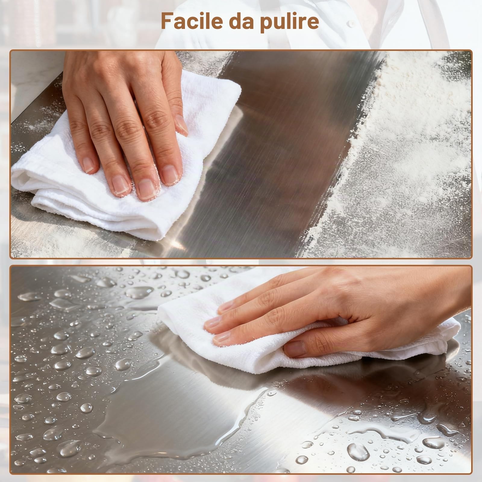bimiti Tagliere in acciaio inox con mattarello 80 x 50 cm, tagliere antiscivolo con bordo in acciaio inox per cucina, bar, ristorante